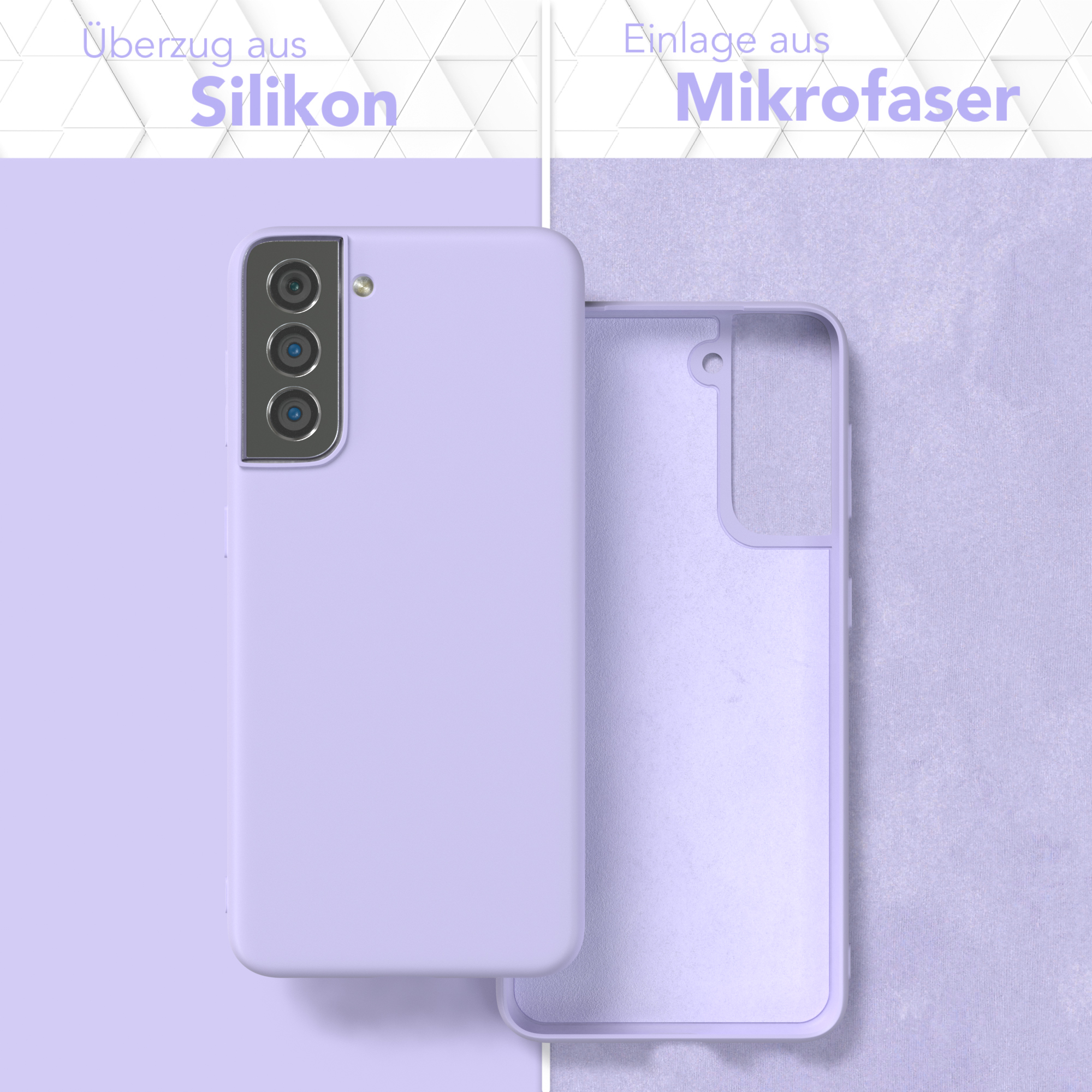 Lila Handyhülle, Innenansicht mit Mikrofaserfutter und Silikonaußenschicht. Text ist deutsch.