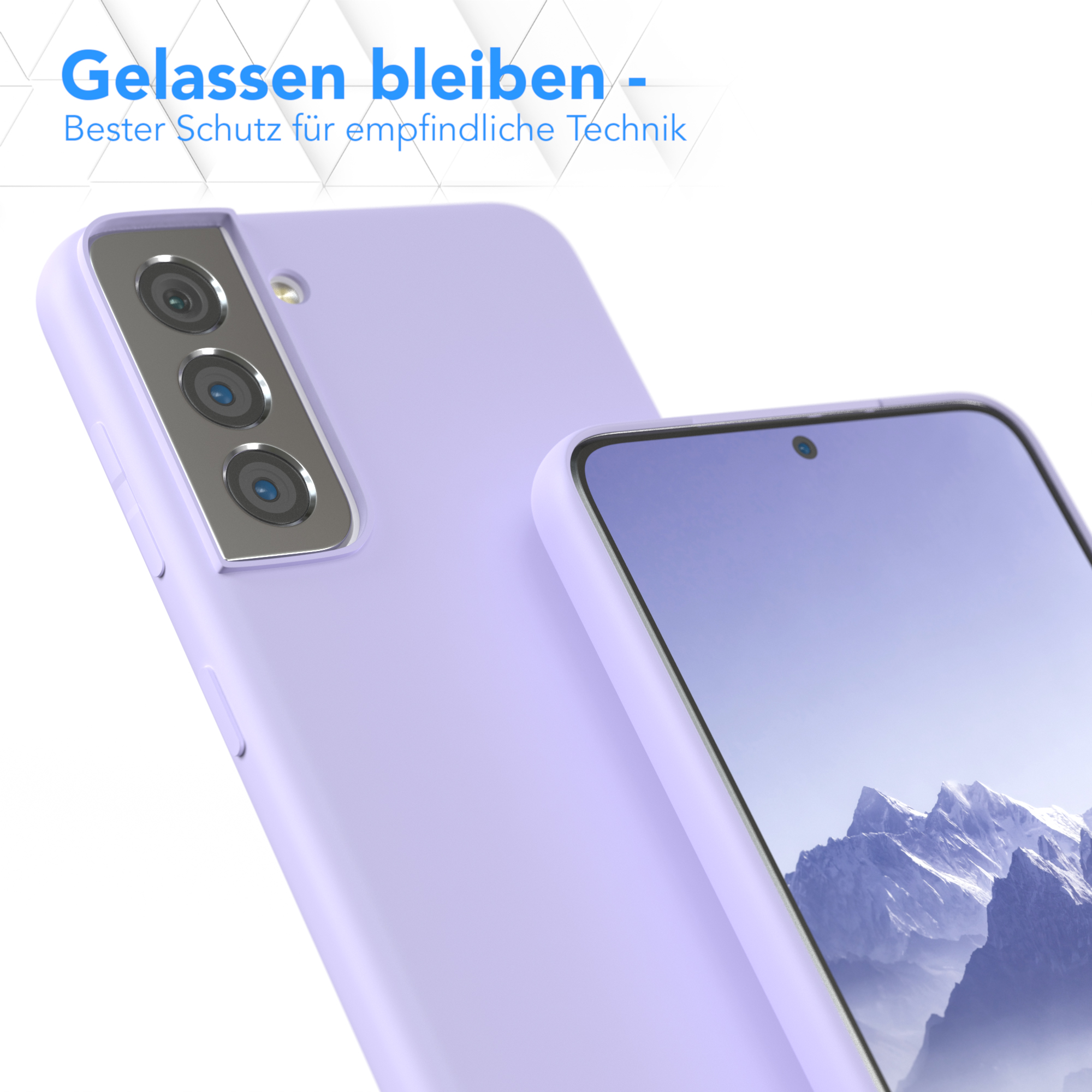 Lila Handyhülle über einem Telefon, Text oben. Hintergrund ist hellblau.
