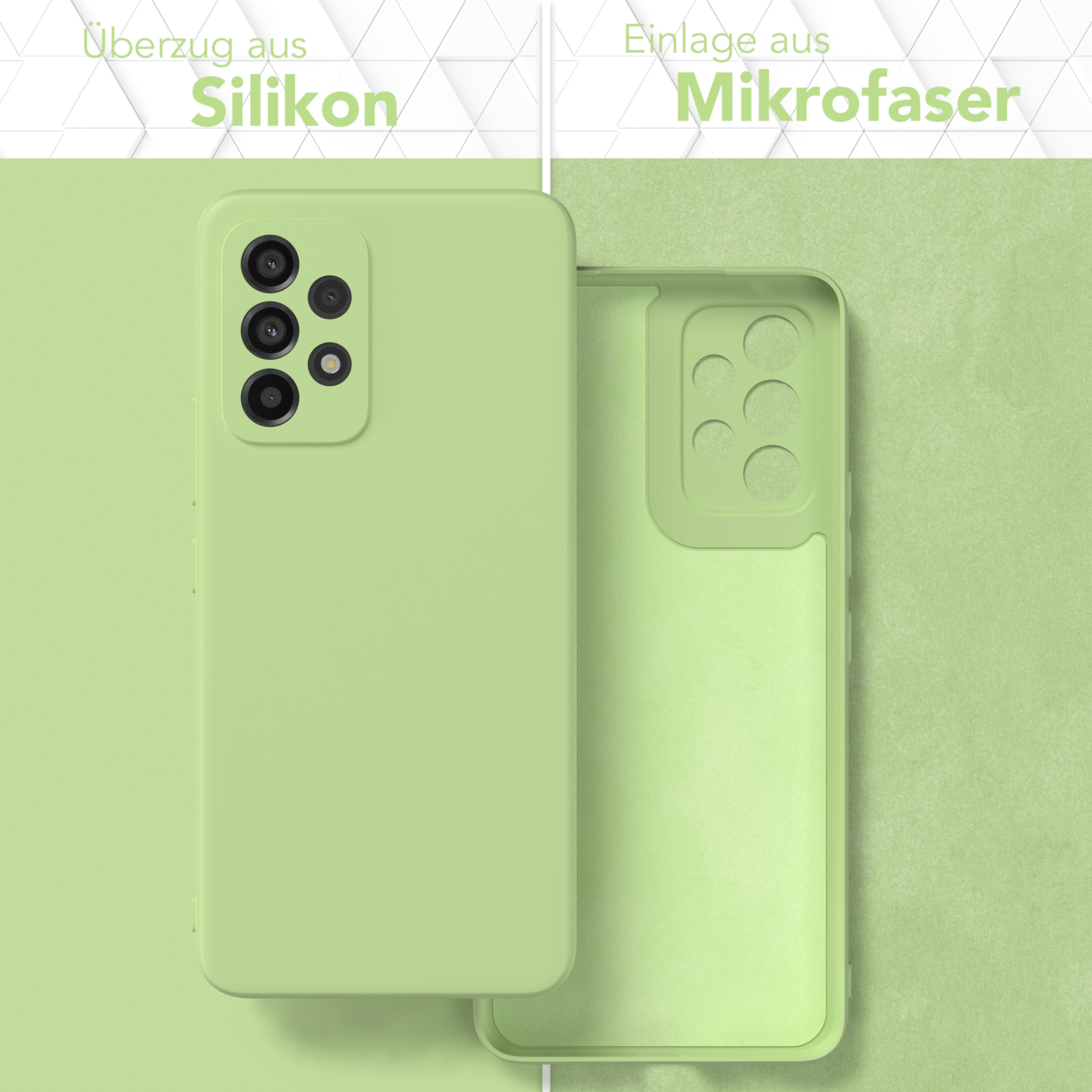 Zwei Handyhüllen, eine grüne und die andere innen. Der Text links lautet Silikon und rechts Mikrofaser.