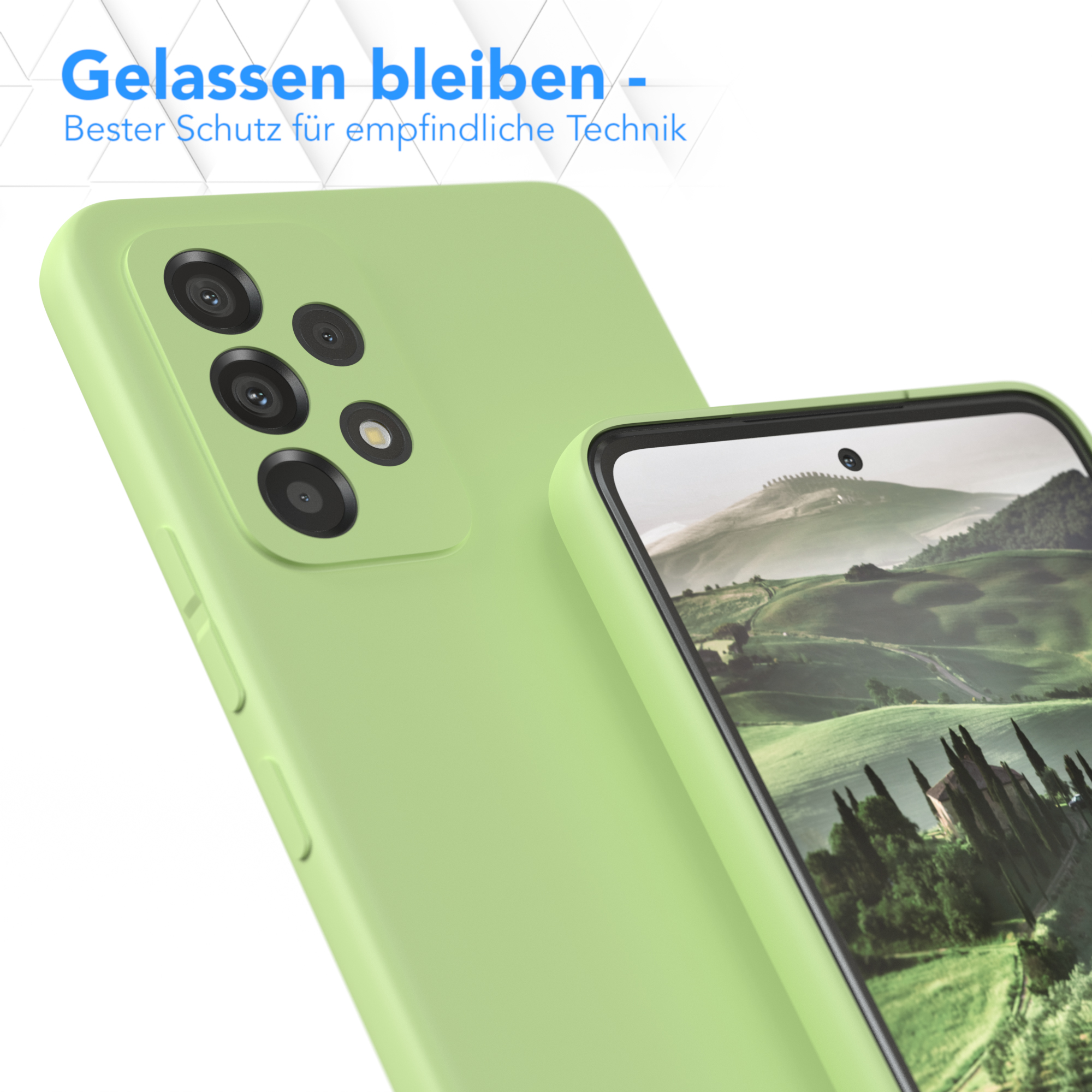 Grüne Handyhülle auf einem Telefon. Text: Entspannt bleiben - bester Schutz für empfindliche Technik.
