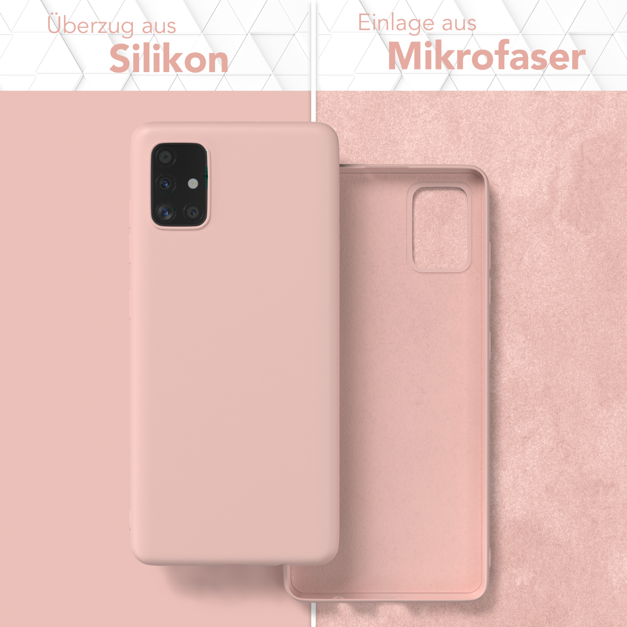 Zwei Handyhüllen: eine rosa mit Telefon, die andere offen mit Mikrofaser-Innenraum.