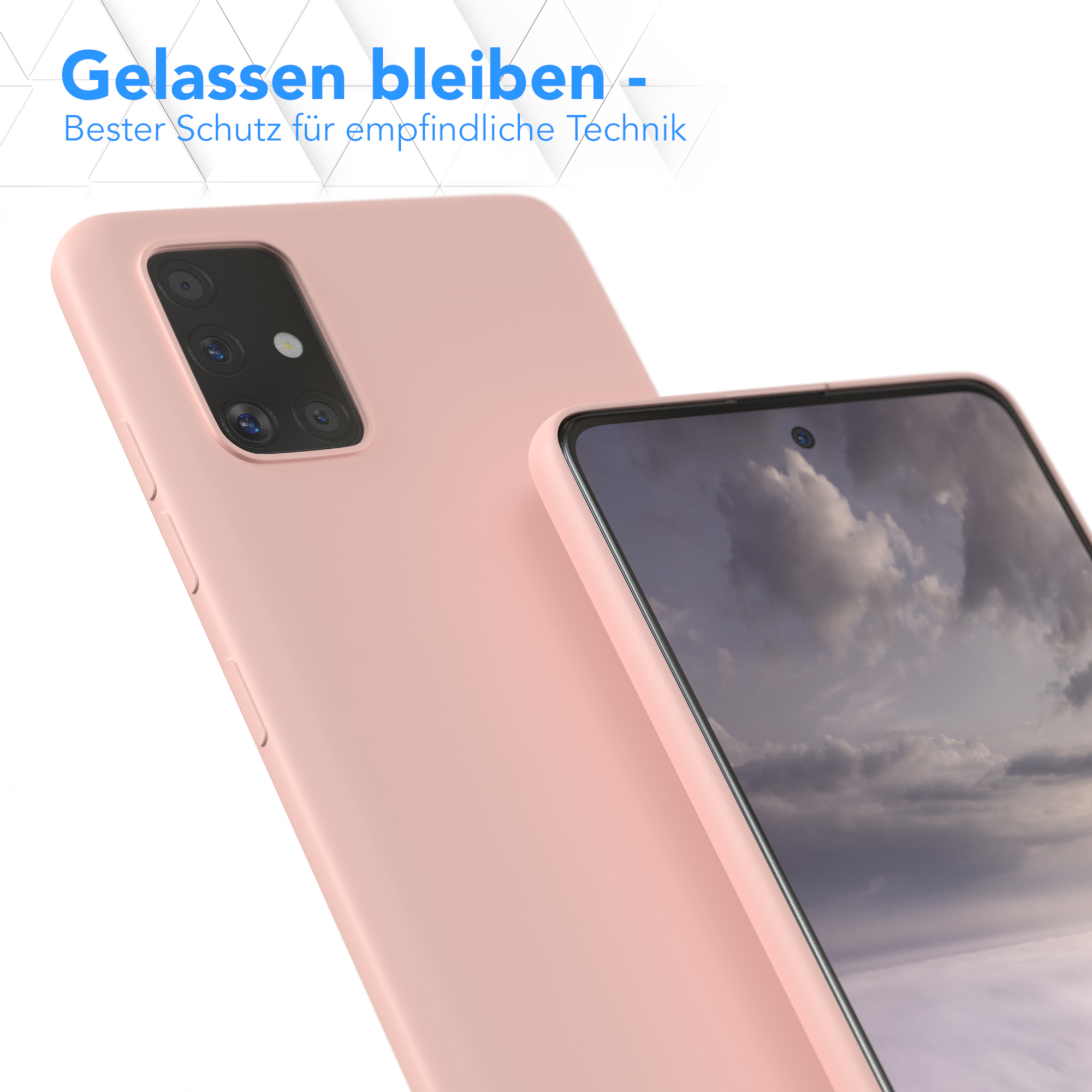 Eine rosa Handyhülle und ein Telefon, schräg, Nahaufnahme.