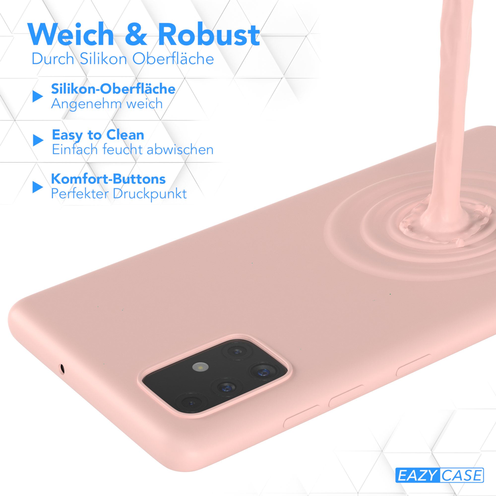 Rosa Handyhülle mit Flüssigkeit, die darauf fließt. Text auf Deutsch: 'Weich & Robust'.