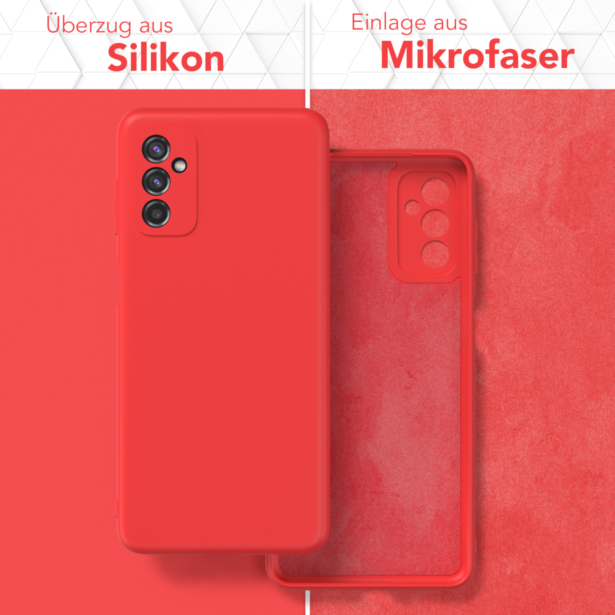 Rote Handyhüllen-Komponenten. Silikonhülle links, Mikrofaserfutter rechts.