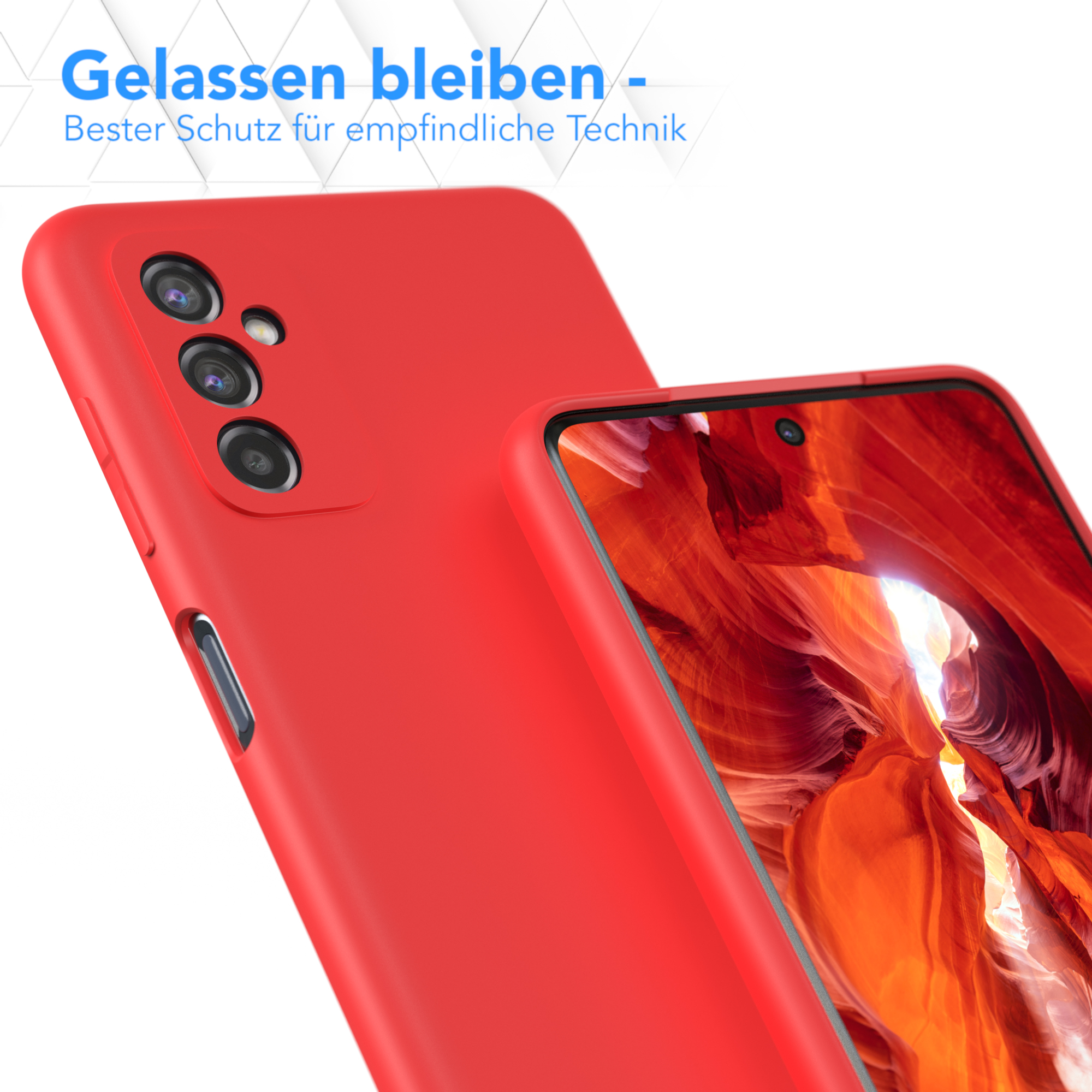 Nahaufnahme von zwei roten Handyhüllen, eine bedeckt die andere, zeigt das Telefondesign.