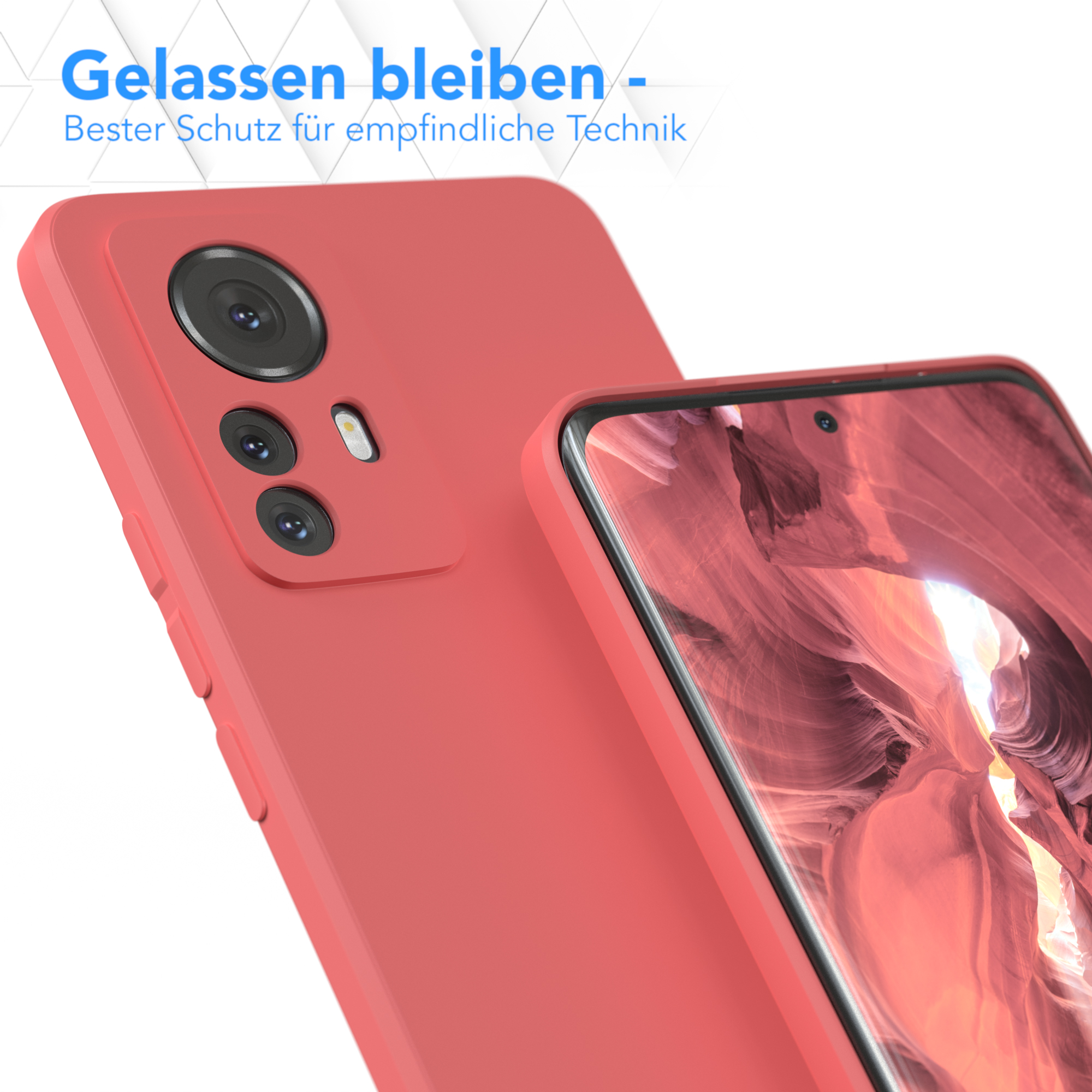 Rote Handyhülle neben einem Telefon mit Kamera. Text: 'Gelassen bleiben'.
