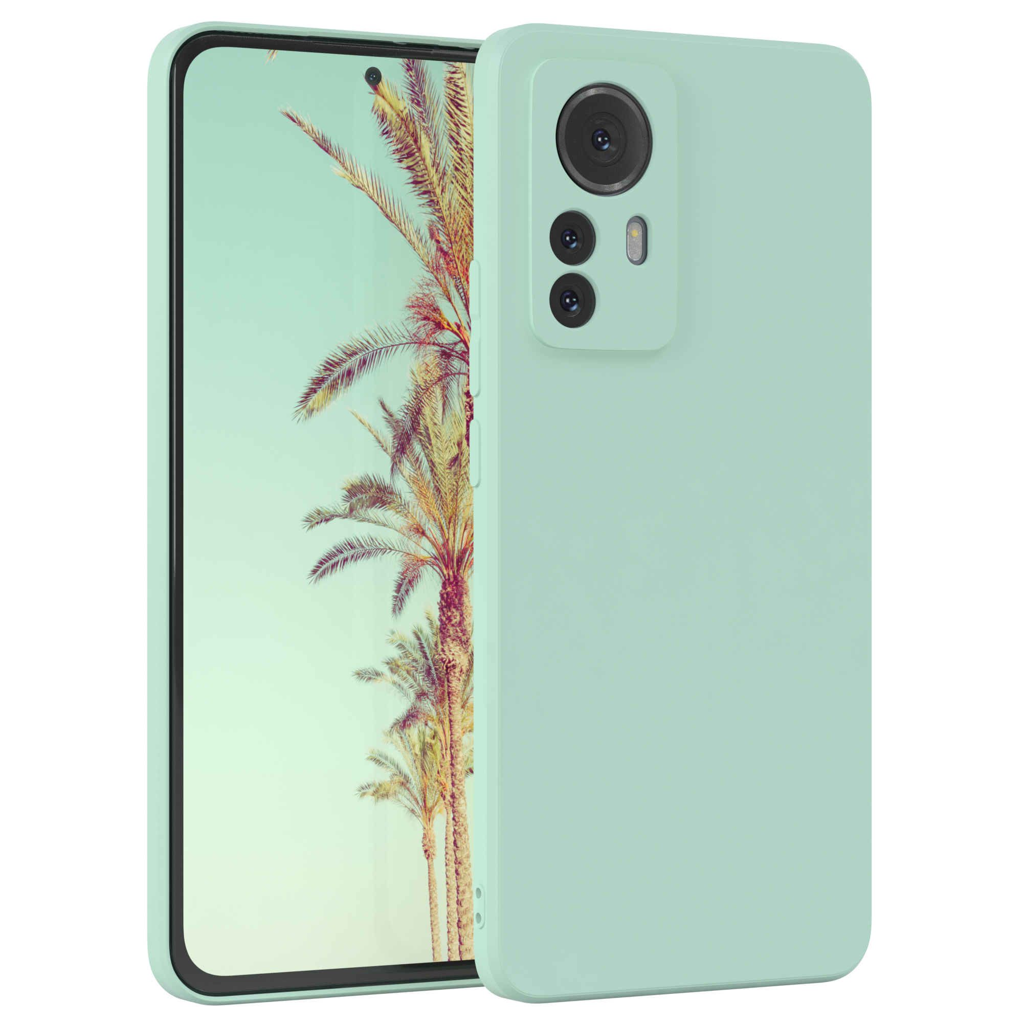 Ein mintgrünes Telefon mit passender Hülle, Palmen werden auf dem Bildschirm angezeigt.