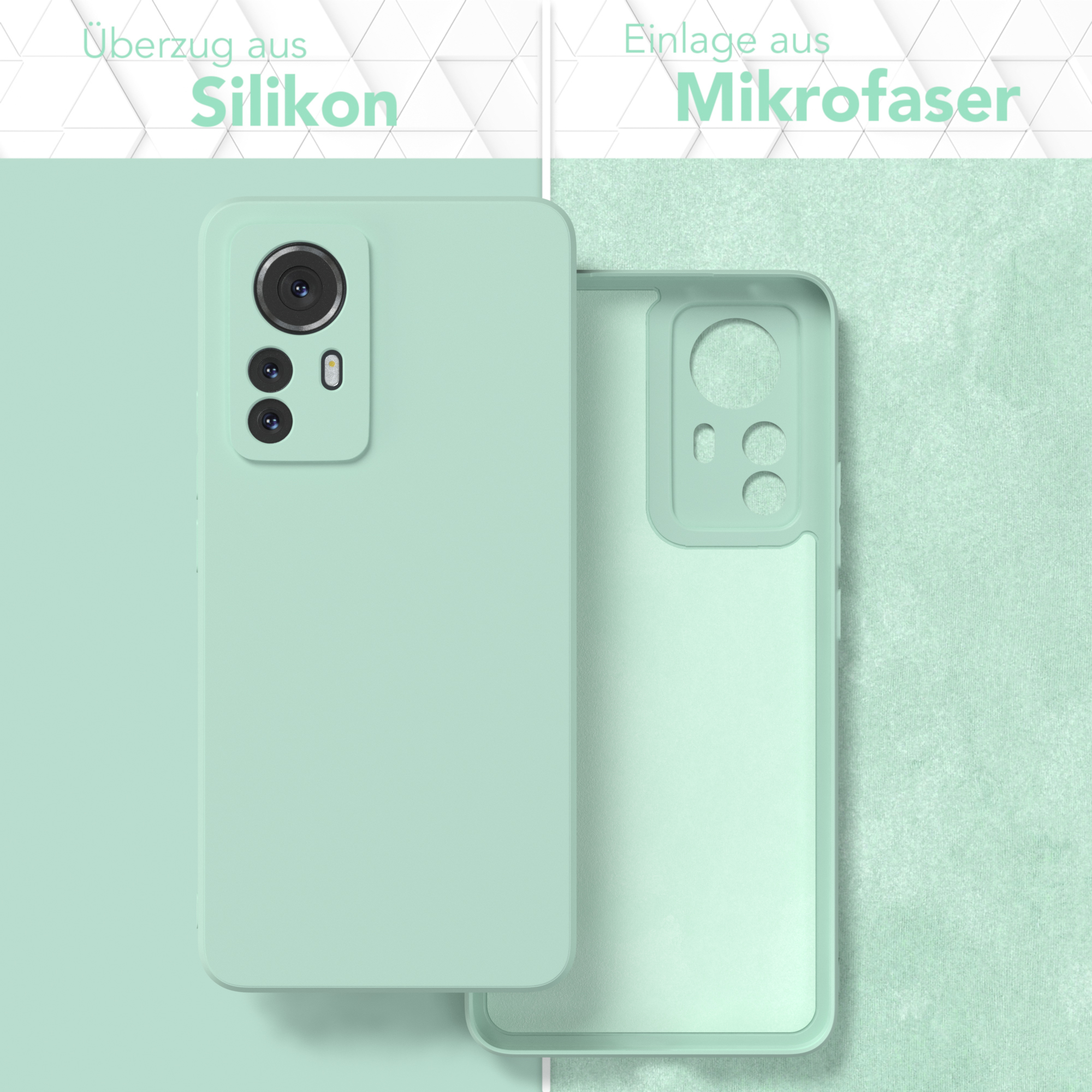 Handyhüllen-Set. Die Oberseite ist mintgrün, die Unterseite innen und außen mintgrün. Weißer Hintergrund.