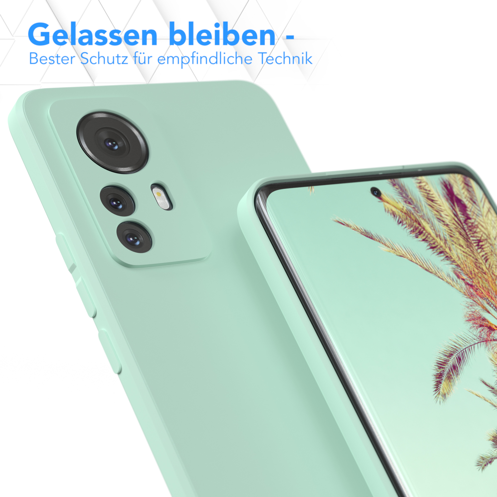 Minzfarbene Handyhülle mit Gerät. Text: Gelassen bleiben - Bester Schutz für empfindliche Technik.