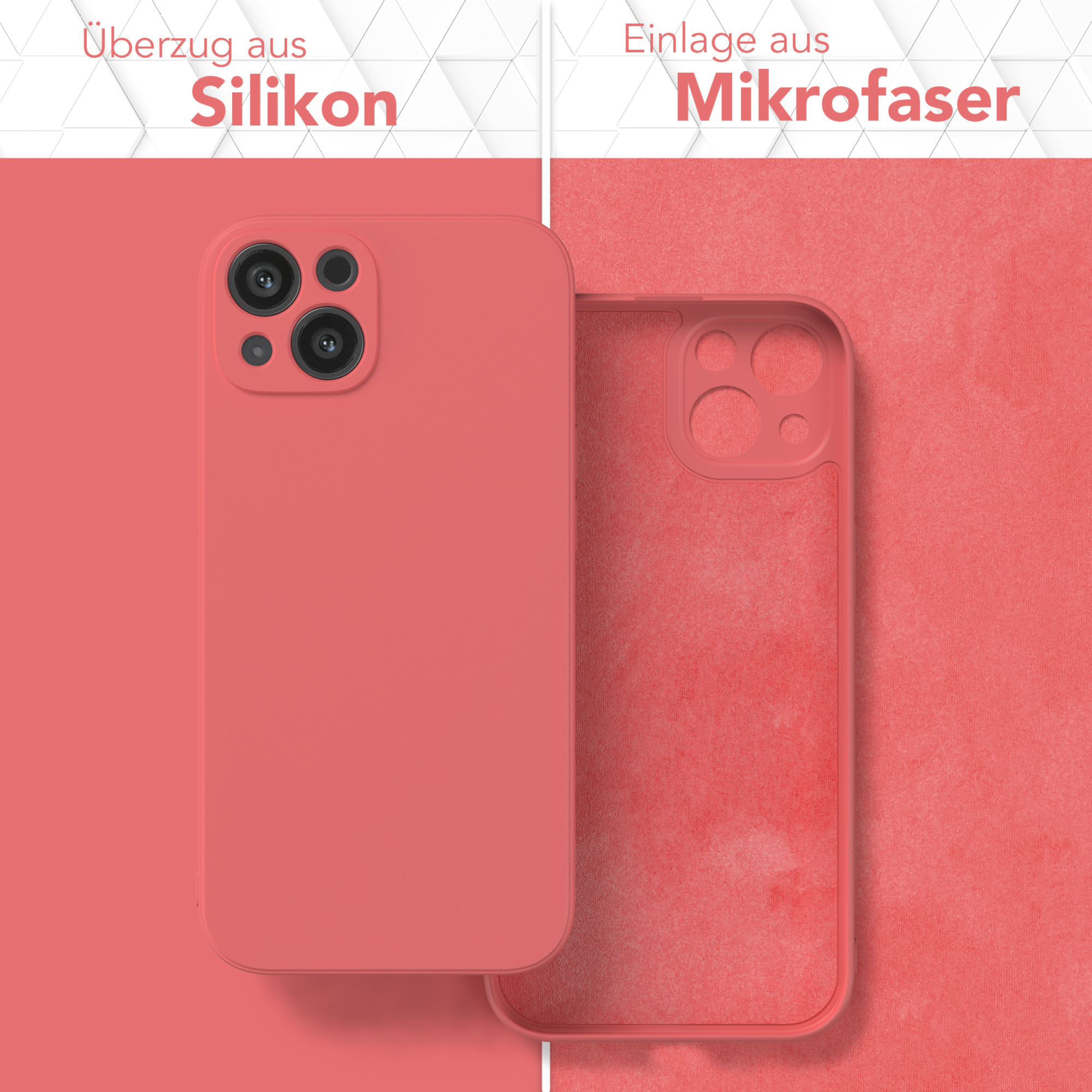 Rote Handyhülle und Mikrofasereinlage. Text zeigt Silikon- und Mikrofaser-Materialien.