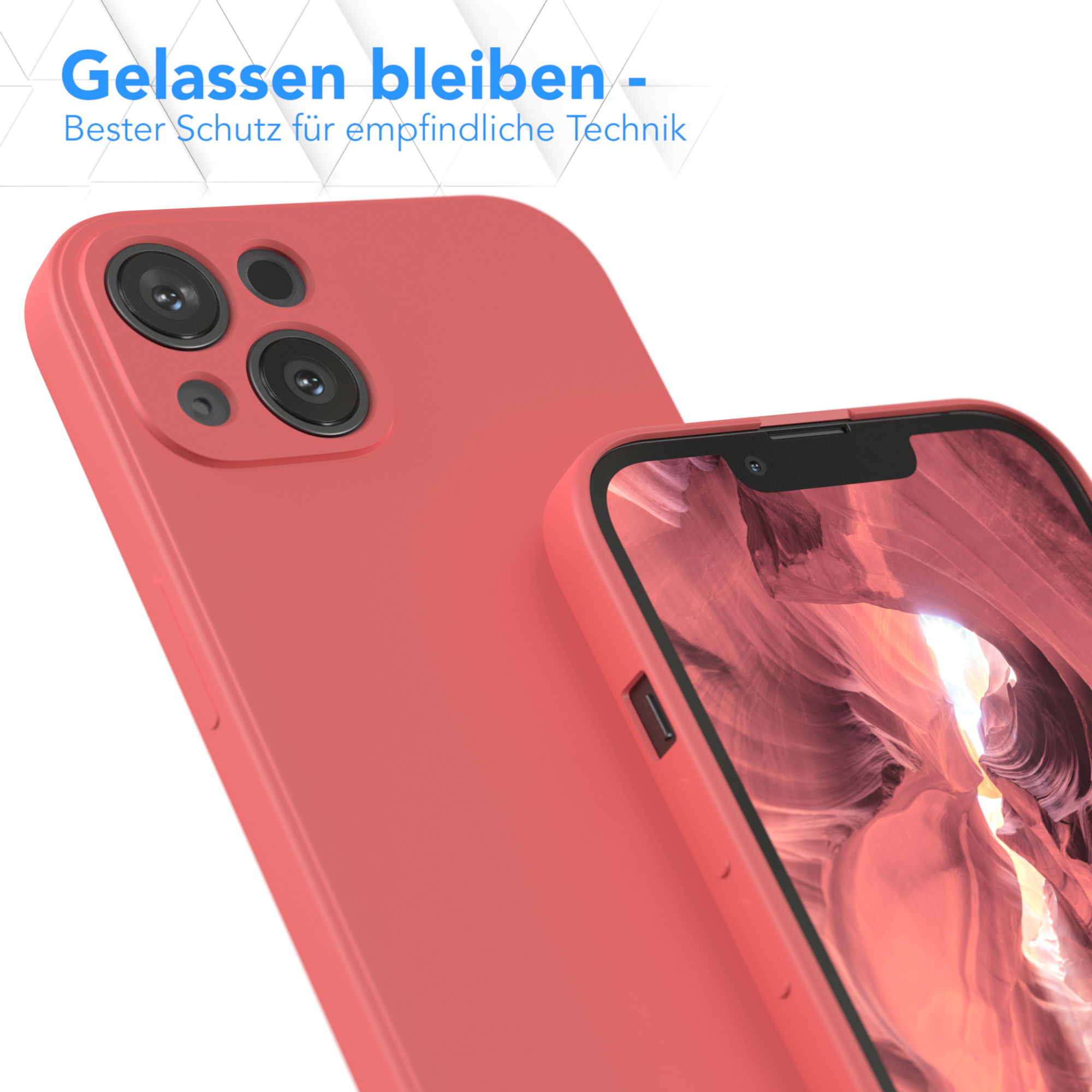 Eine korallenfarbene Handyhülle schützt das Telefon. Das Telefon ist zur Seite gelegt.