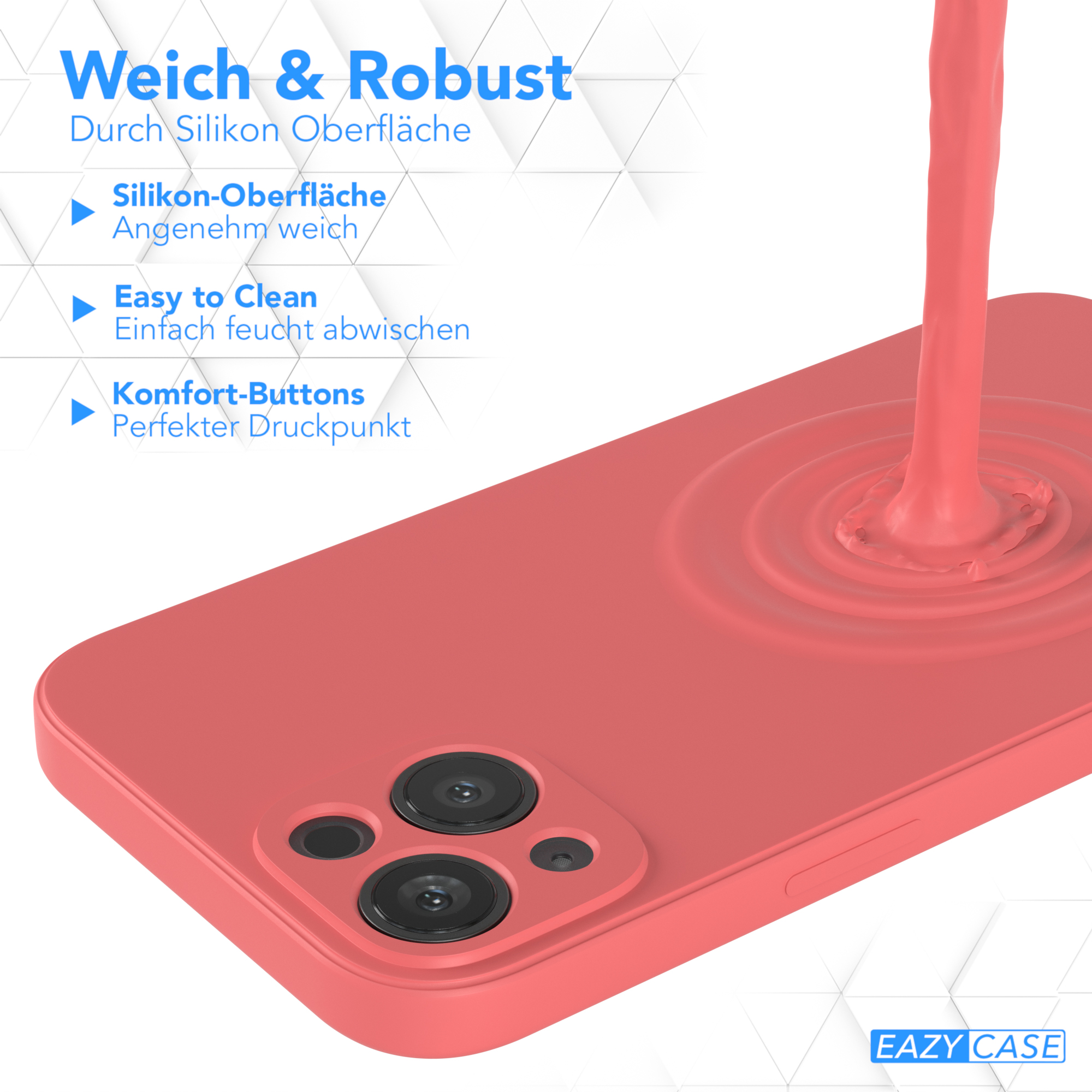 Rote Handyhülle mit Kamera. Flüssigkeit spritzt auf die Handyhülle. Text: Weich & Robust.