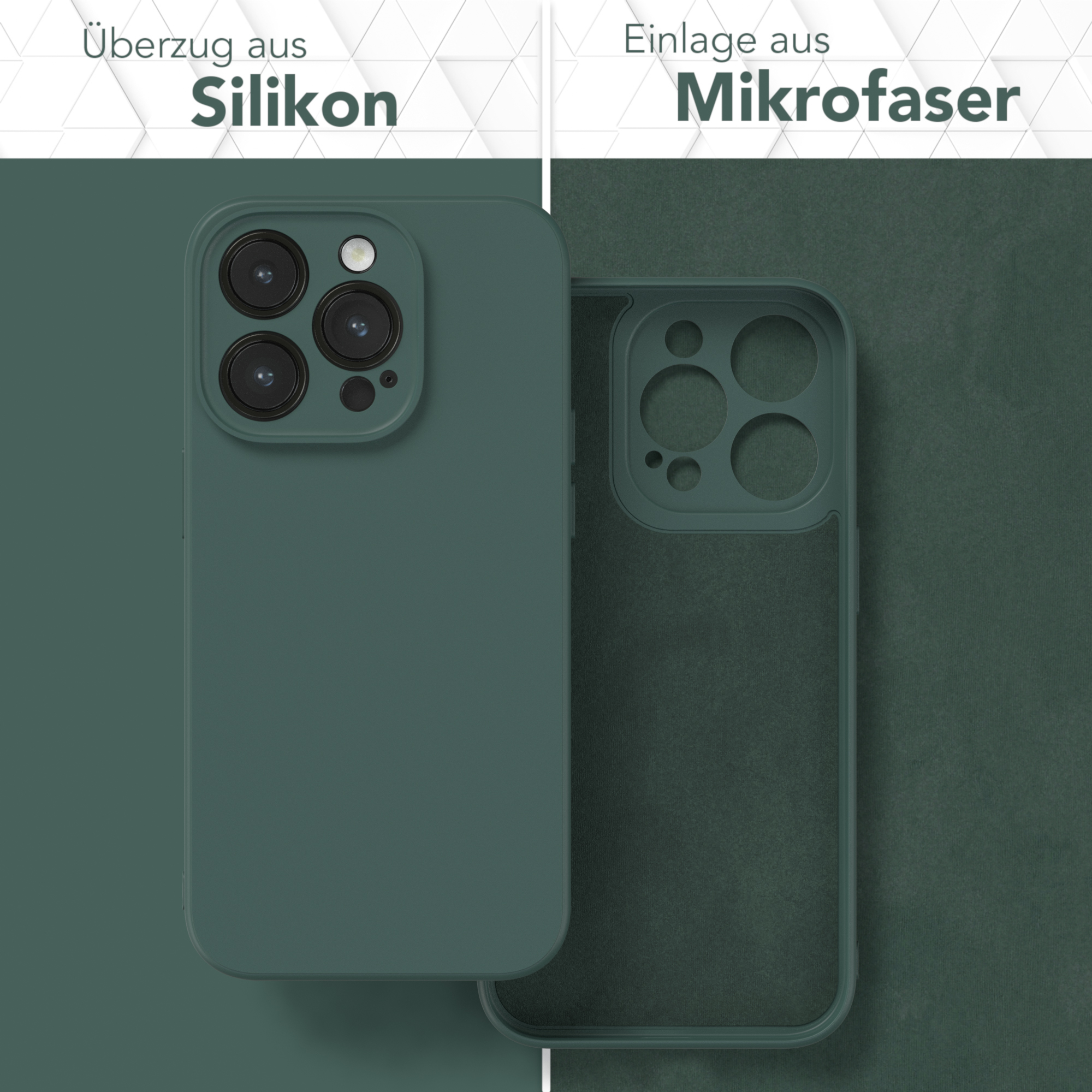 Handyhülle, grünes Äußeres und grünes Mikrofaser-Innenfutter, mit Text: 'Silikonüberzug', 'Mikrofaser-Einsatz'.