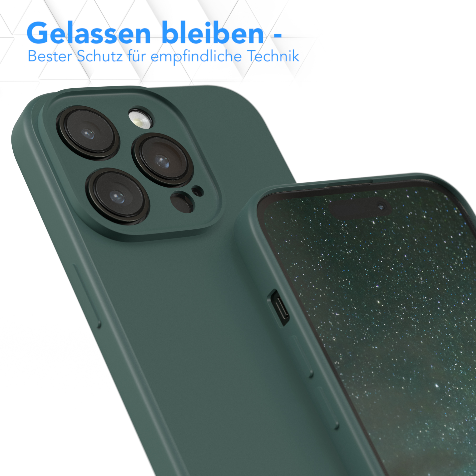 Dunkelgrüne Handyhülle mit Telefon. Weißer Hintergrund und Text sichtbar.