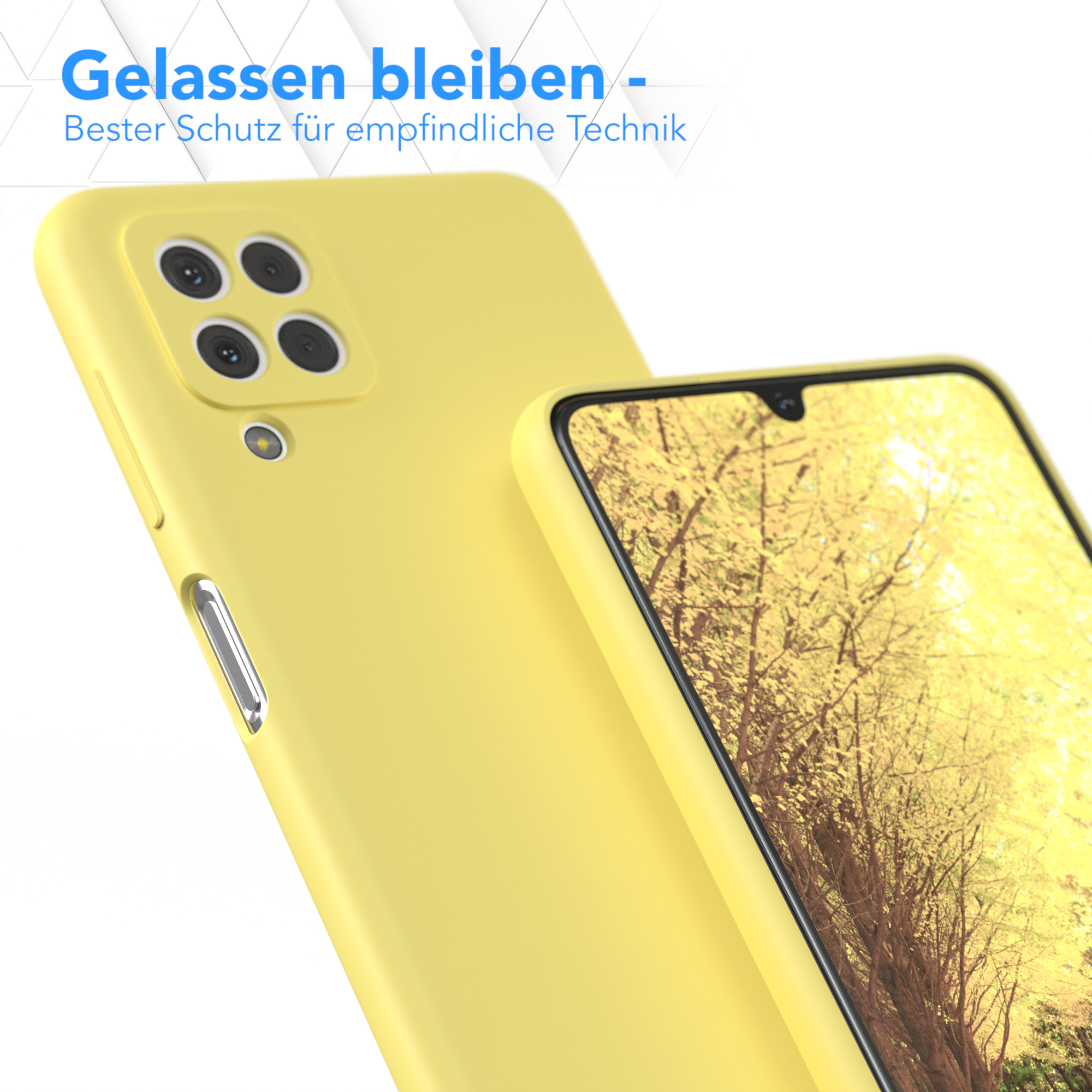 Gelbe Handyhülle, angewinkelt, mit einem Telefon. Das Telefon zeigt eine Landschaftsansicht.