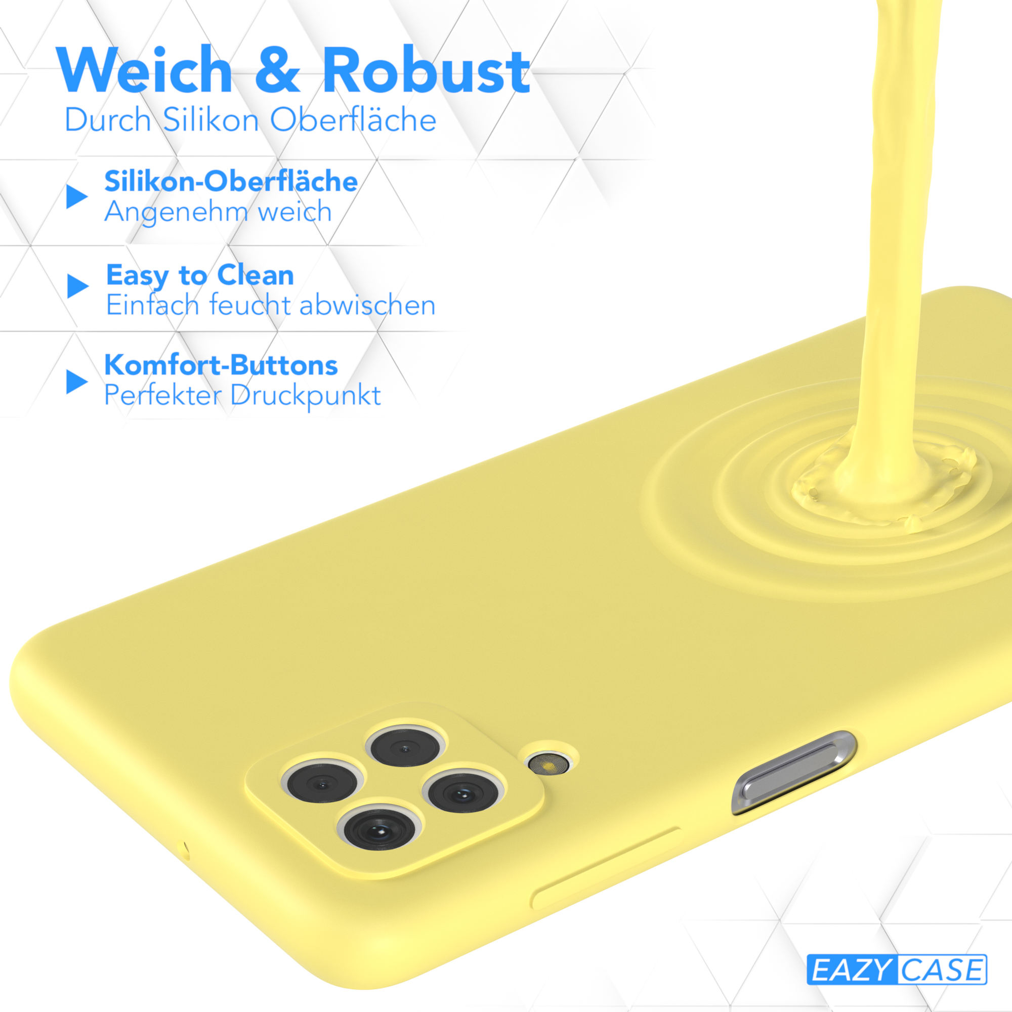 Eine gelbe Handyhülle mit gelbem Hintergrund und wasserähnlicher Substanz.