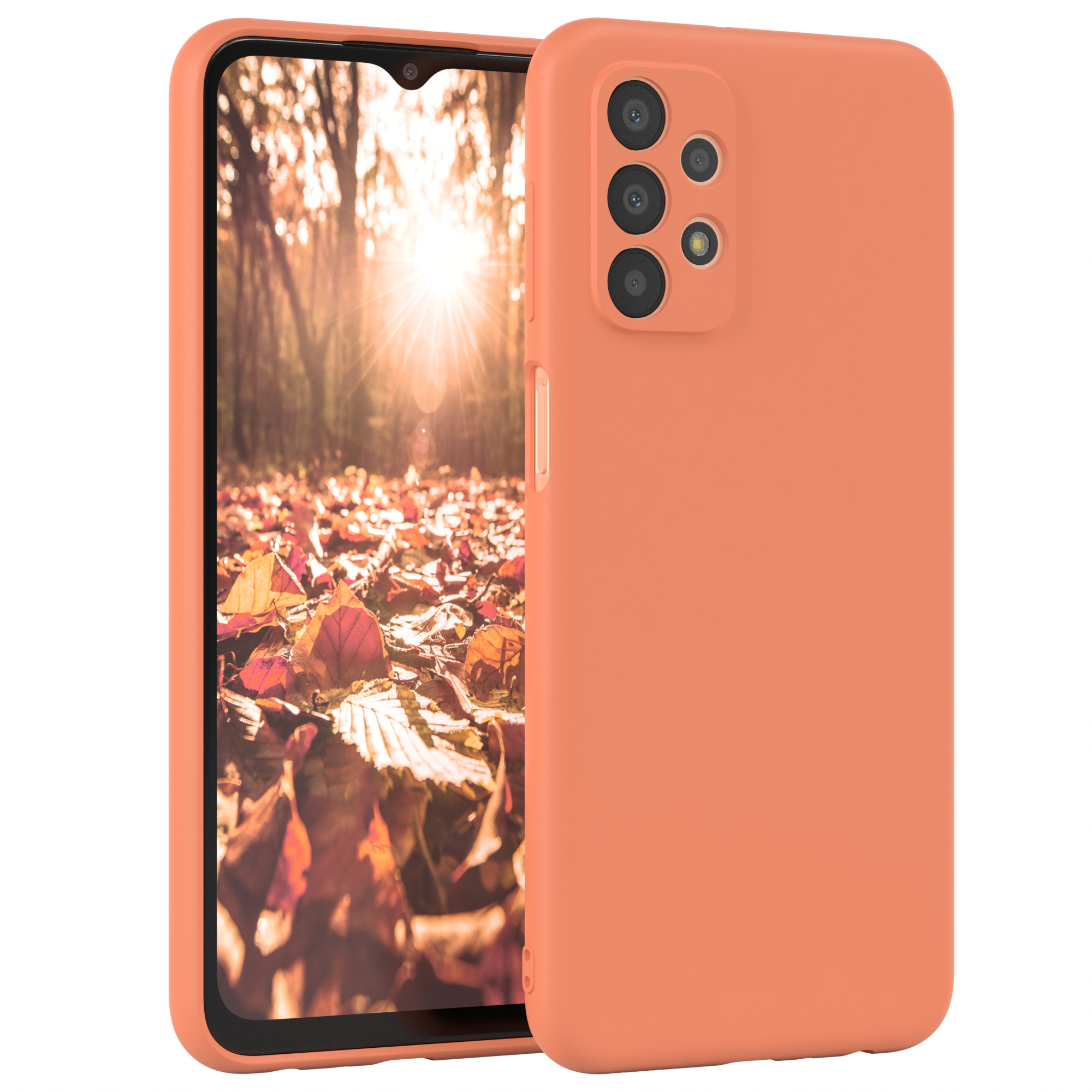 Zwei orangefarbene Handyhüllen mit einem Telefon. Weißer Hintergrund.