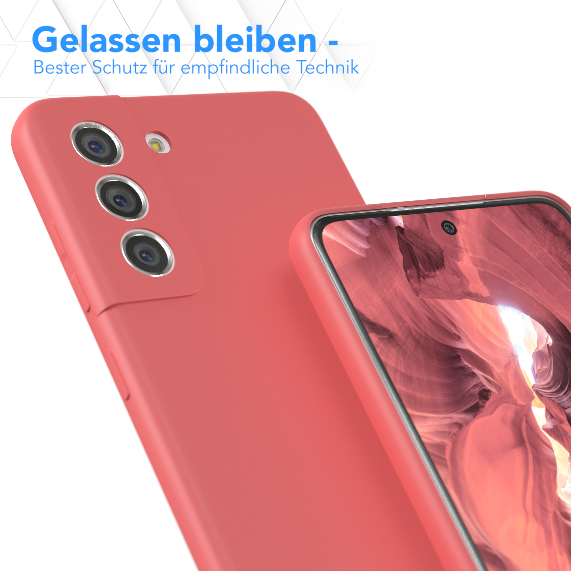 Eine korallenfarbene Handyhülle schützt ein Telefon mit drei Kameralinsen.