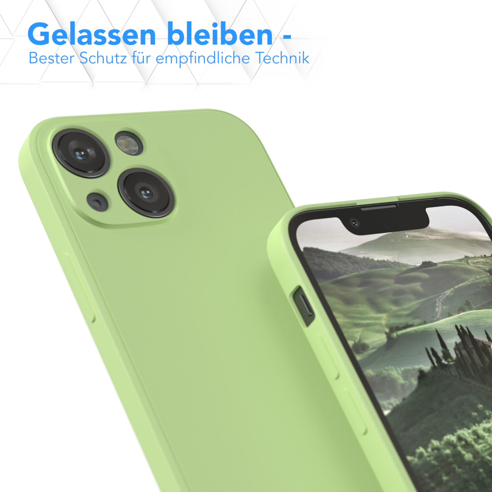 Eine hellgrüne Handyhülle und ein passendes Telefon. Text: Bleiben Sie ruhig - bester Schutz für empfindliche Technik.
