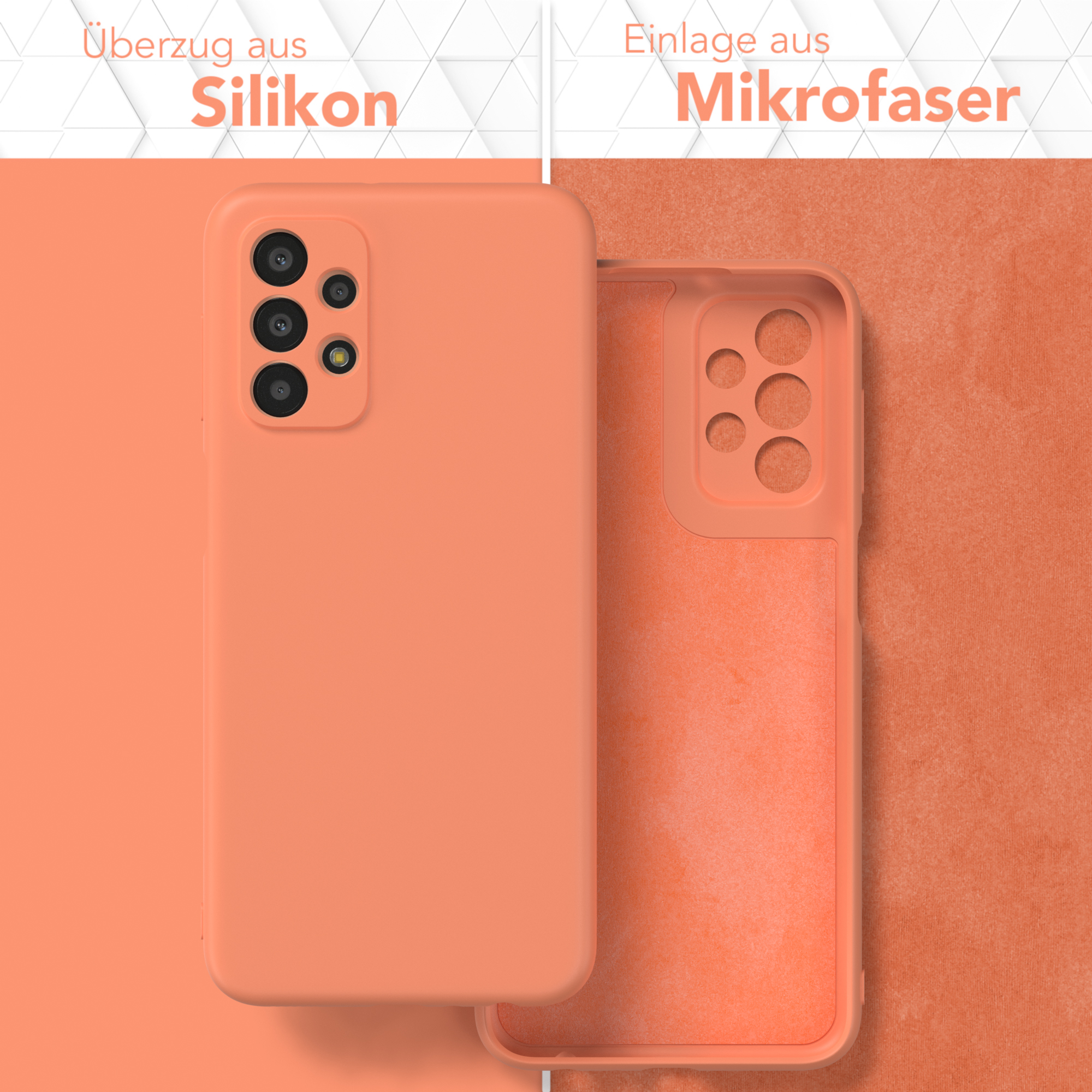 Orange Handyhülle mit Silikonhülle und Mikrofaser-Innenseite, offen und geschlossen gezeigt. Text auf Deutsch.