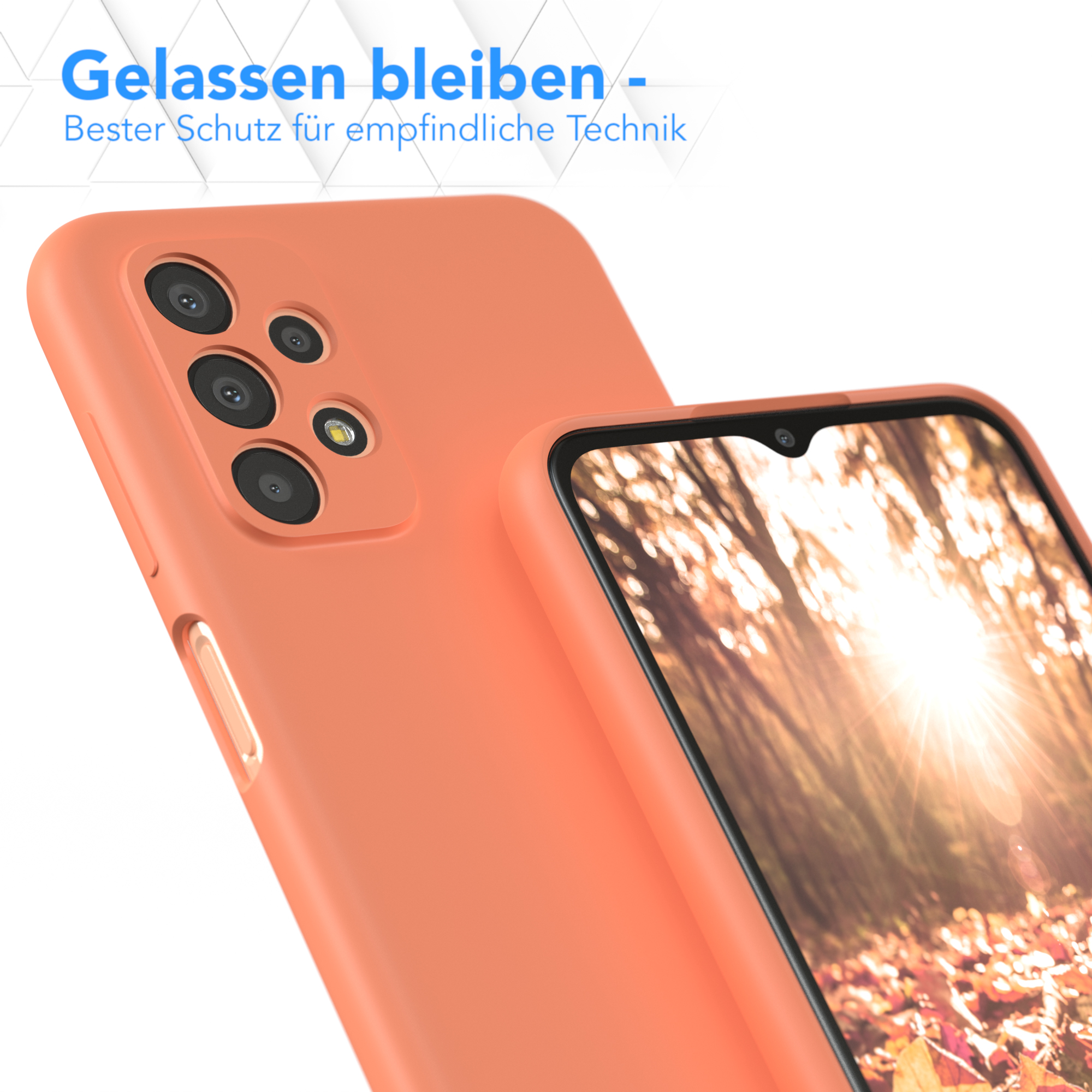 Eine orangefarbene Handyhülle und ein passendes Telefon. Text: Bleiben Sie ruhig - bester Schutz für empfindliche Technik.