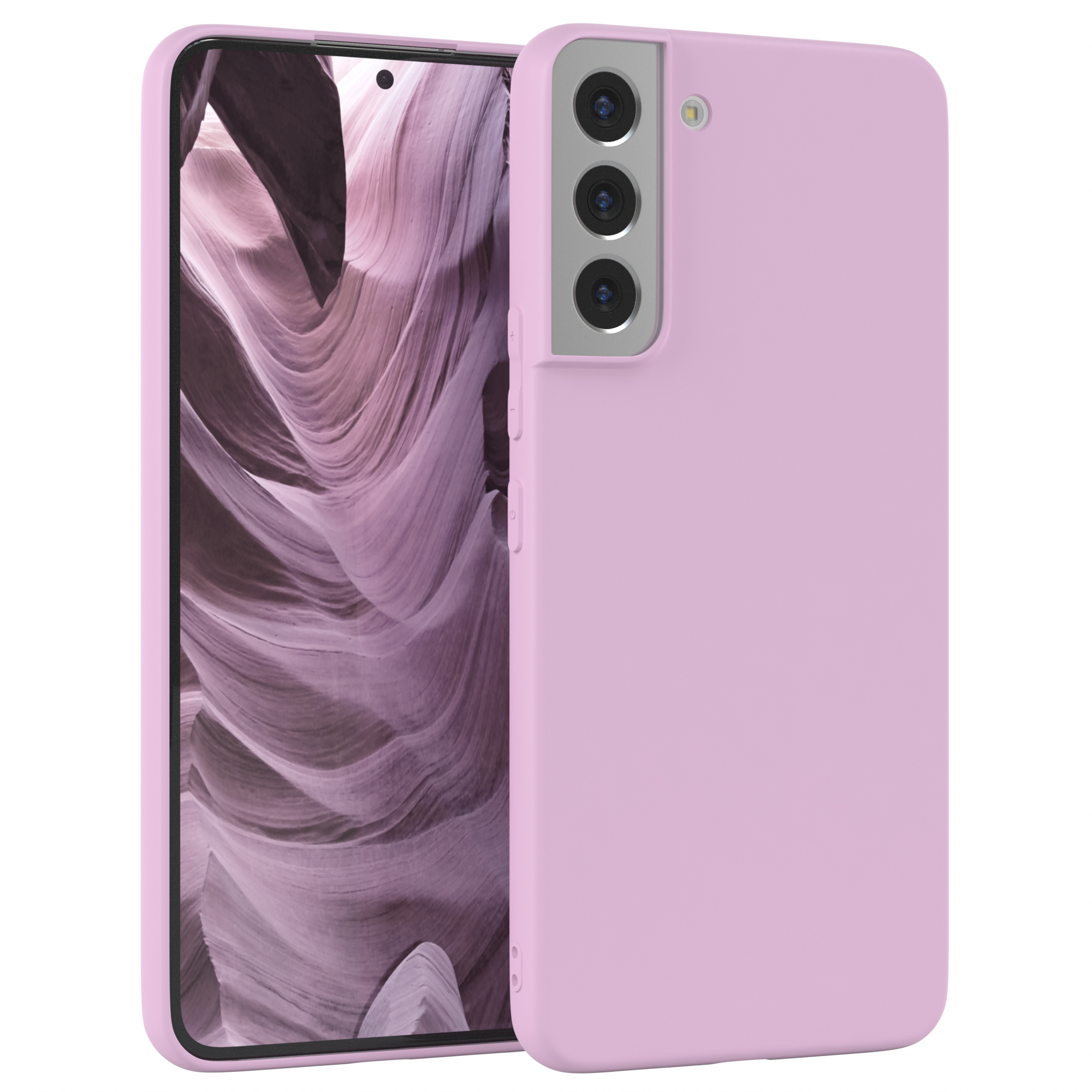 Rosa Telefon mit rosa Hülle. Bildschirm zeigt rosa, wellenförmiges Muster.