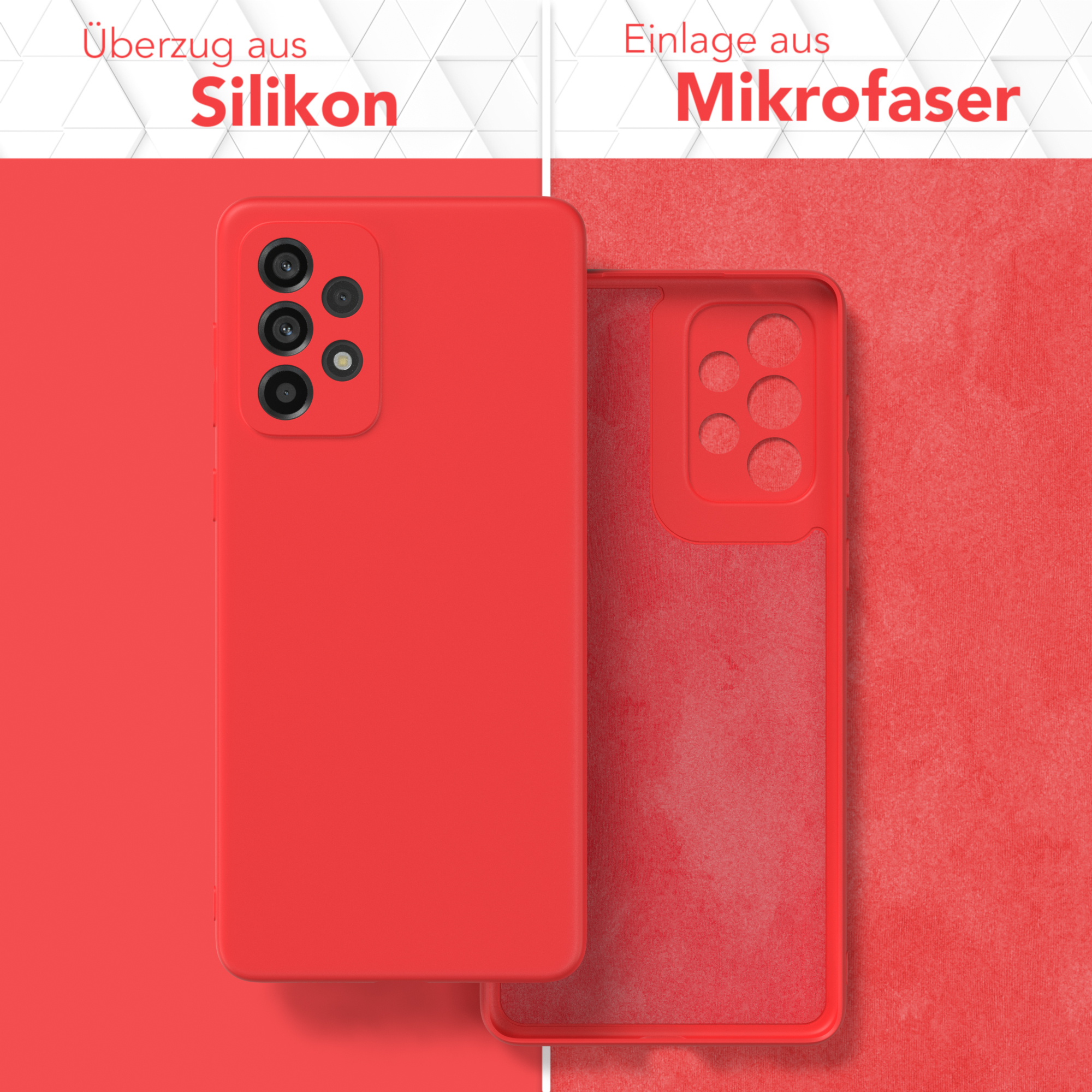 Rote Handyhülle mit Silikonhülle und Mikrofaser-Innenseite. Roter Hintergrund, Produktpräsentation.