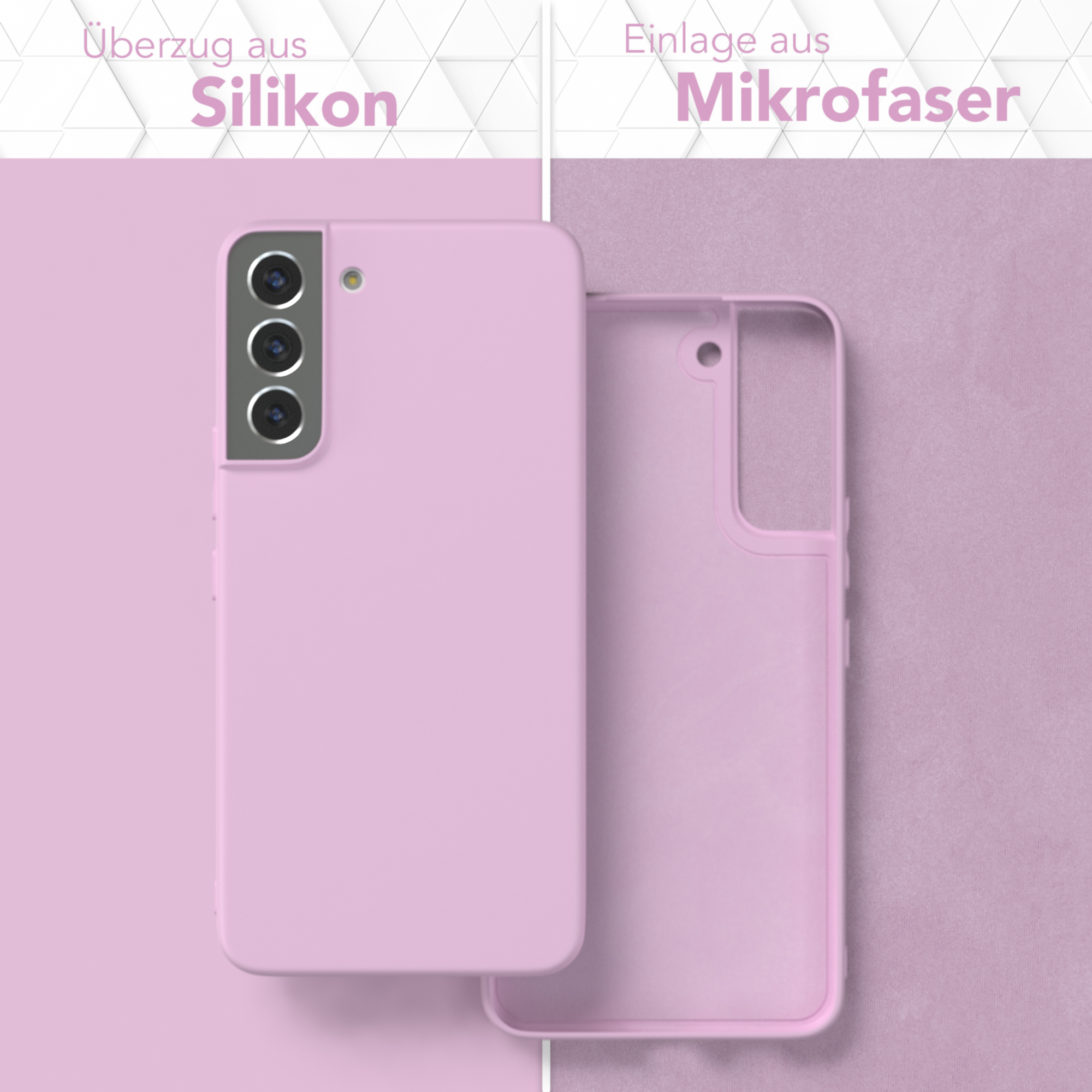 Rosa Handyhülle mit offener Rückseite, außen Silikon, innen Mikrofaser. Text: Silikon, Mikrofaser.