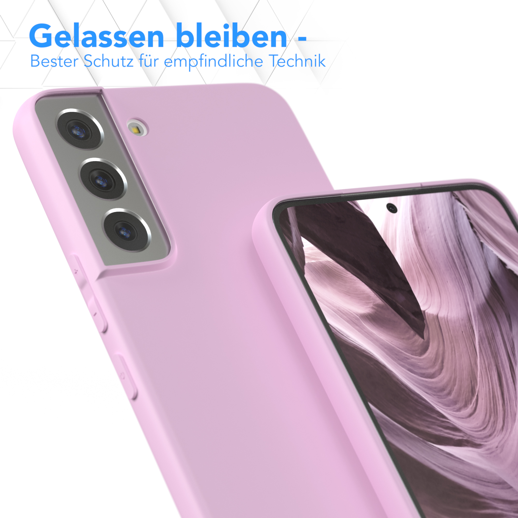 Nahaufnahme von zwei rosa Handyhüllen, eine im Fokus. Text: 'Gelassen bleiben - Bester Schutz'.