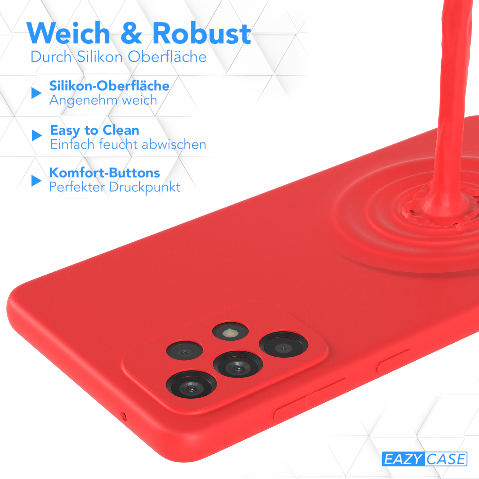 Eine rote Handyhülle mit Design, eine Flüssigkeit wird darüber gegossen.