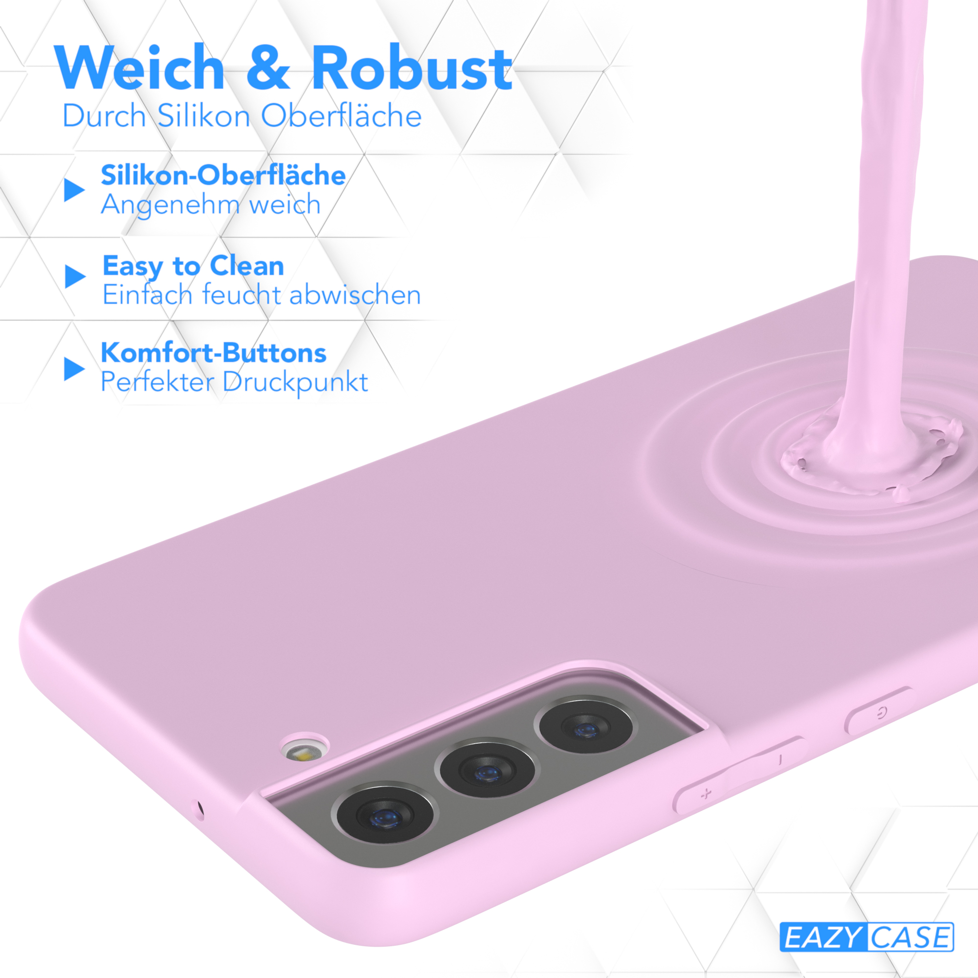 Rosa Handyhülle mit Flüssigkeit. Text sagt "Weich & Robust" mit Merkmalen: Silikonoberfläche.