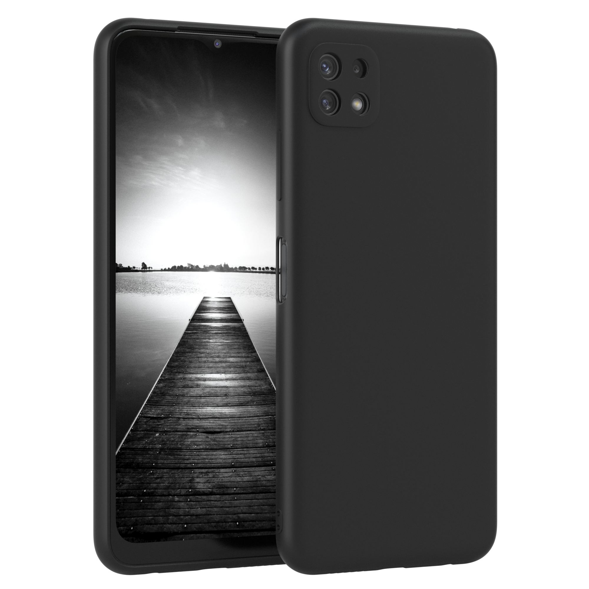 Schwarzes Telefon und Hülle. Telefon hat Landschaftsfoto in Graustufen. Vier Kameralinsen.