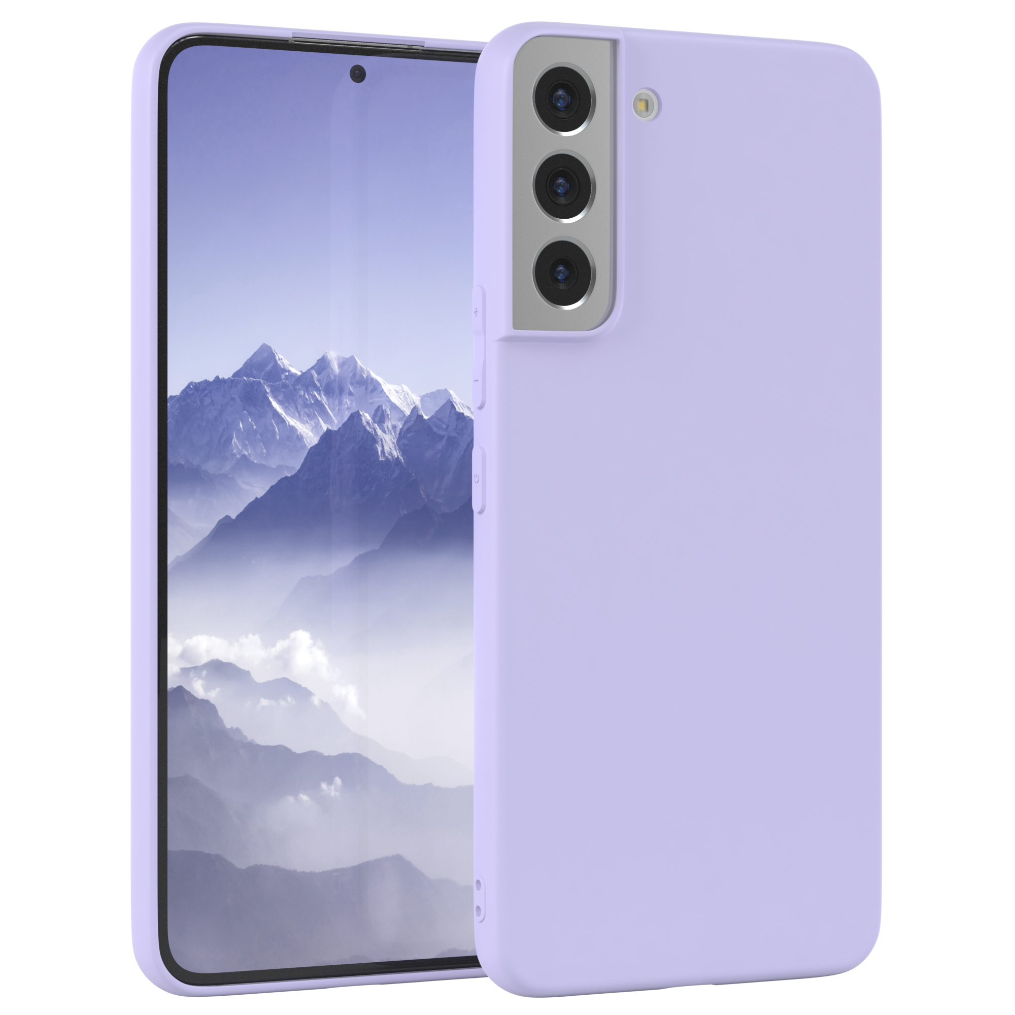 Eine lavendelfarbene Handyhülle mit einem Telefon darin. Der Bildschirm zeigt eine Berglandschaft mit einem lila Himmel.