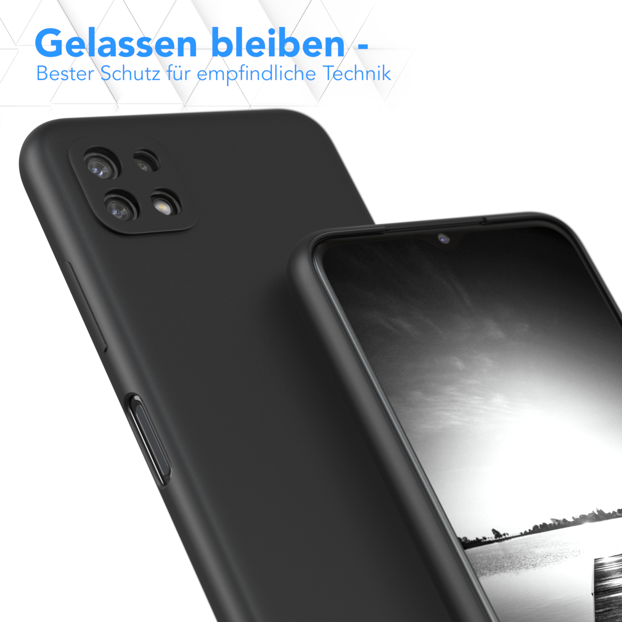 Schwarze Handyhülle mit Telefon darin. Der Hintergrund zeigt die Rückseite einer anderen Handyhülle.