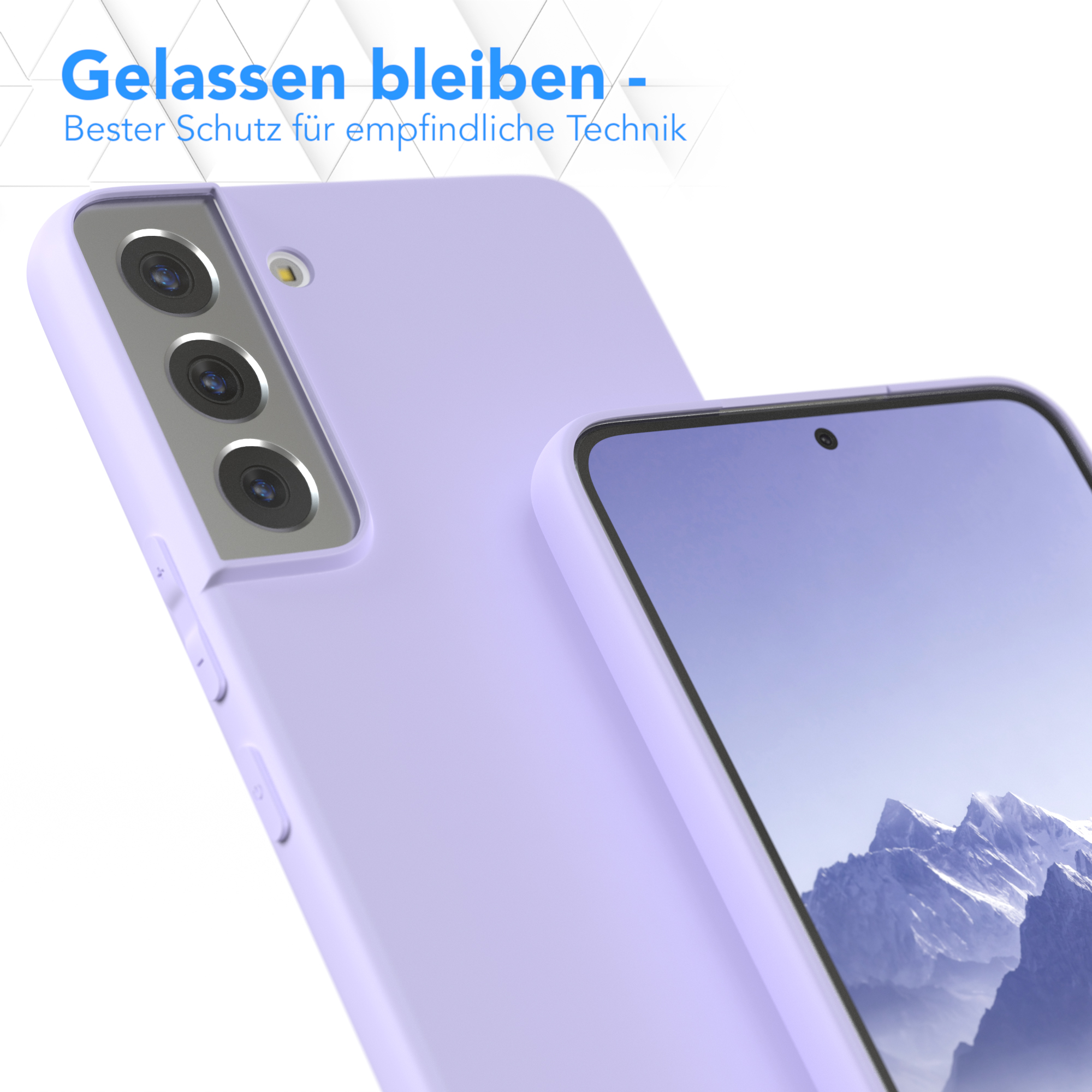 Eine lila Handyhülle neben einem Telefon, Text über Schutz.