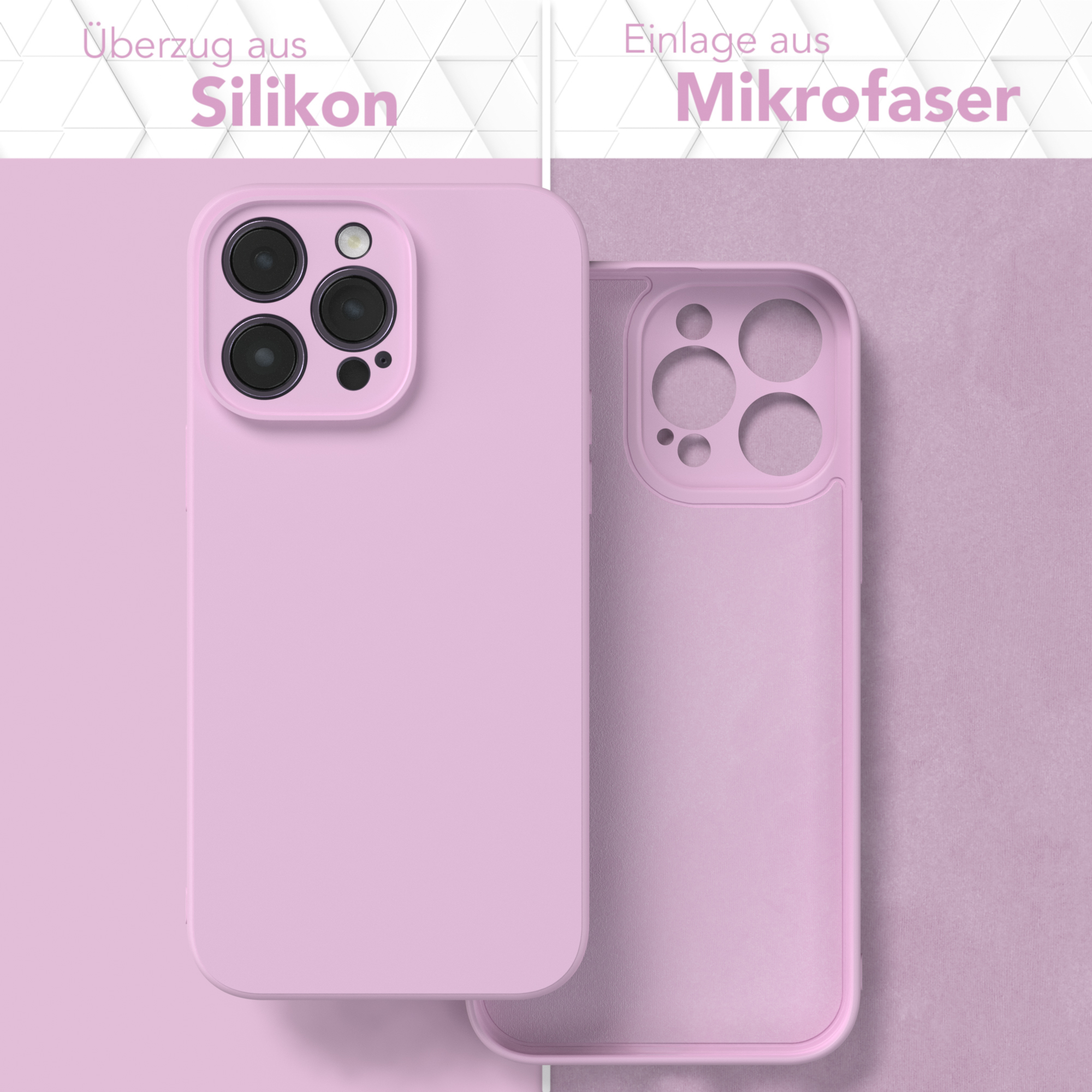 Zwei Handyhüllen, eine offen, in Rosa. Der Text oben lautet "Überzug aus Silikon".