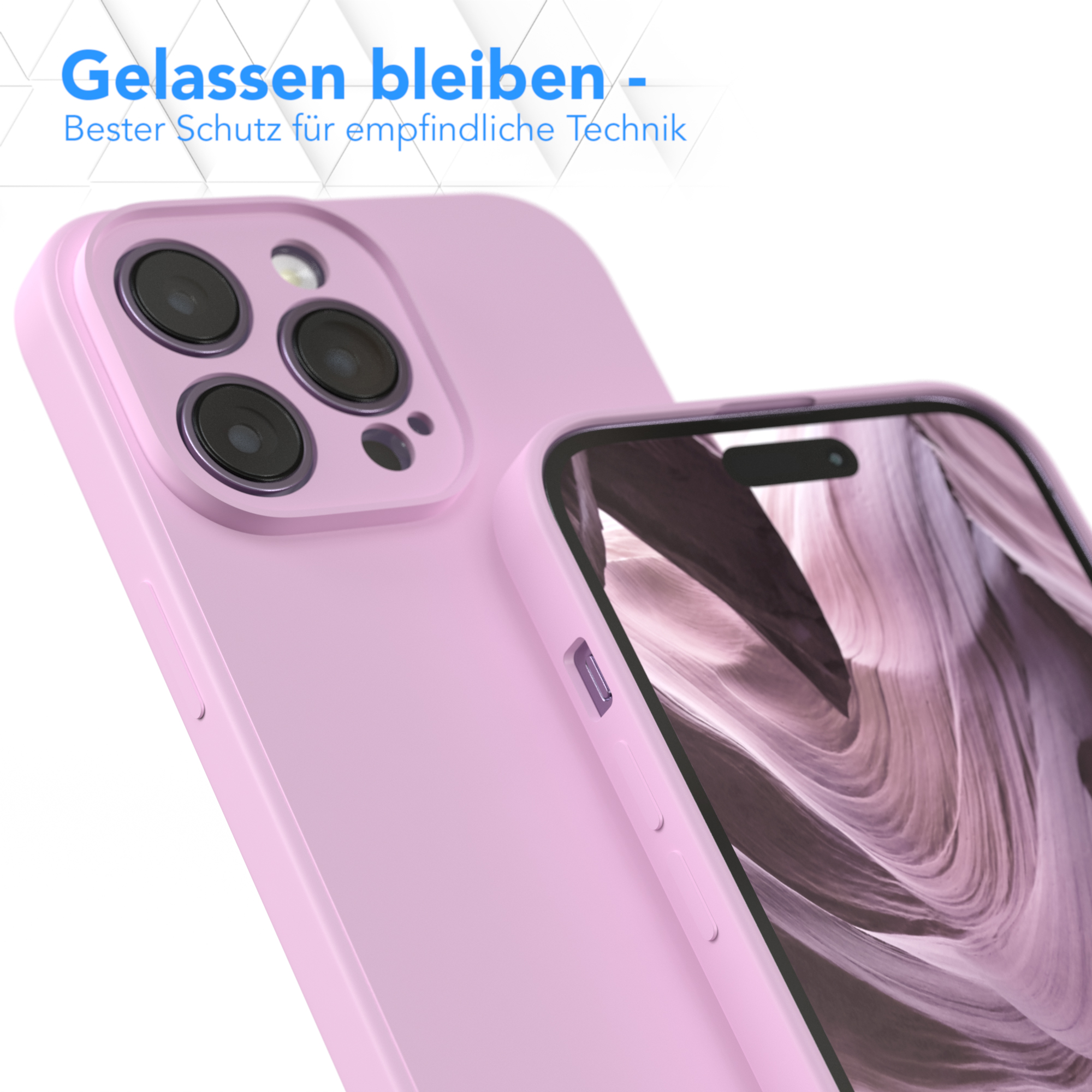 Rosa Handyhülle um ein Telefon, Text auf Deutsch, rosa Hintergrund.
