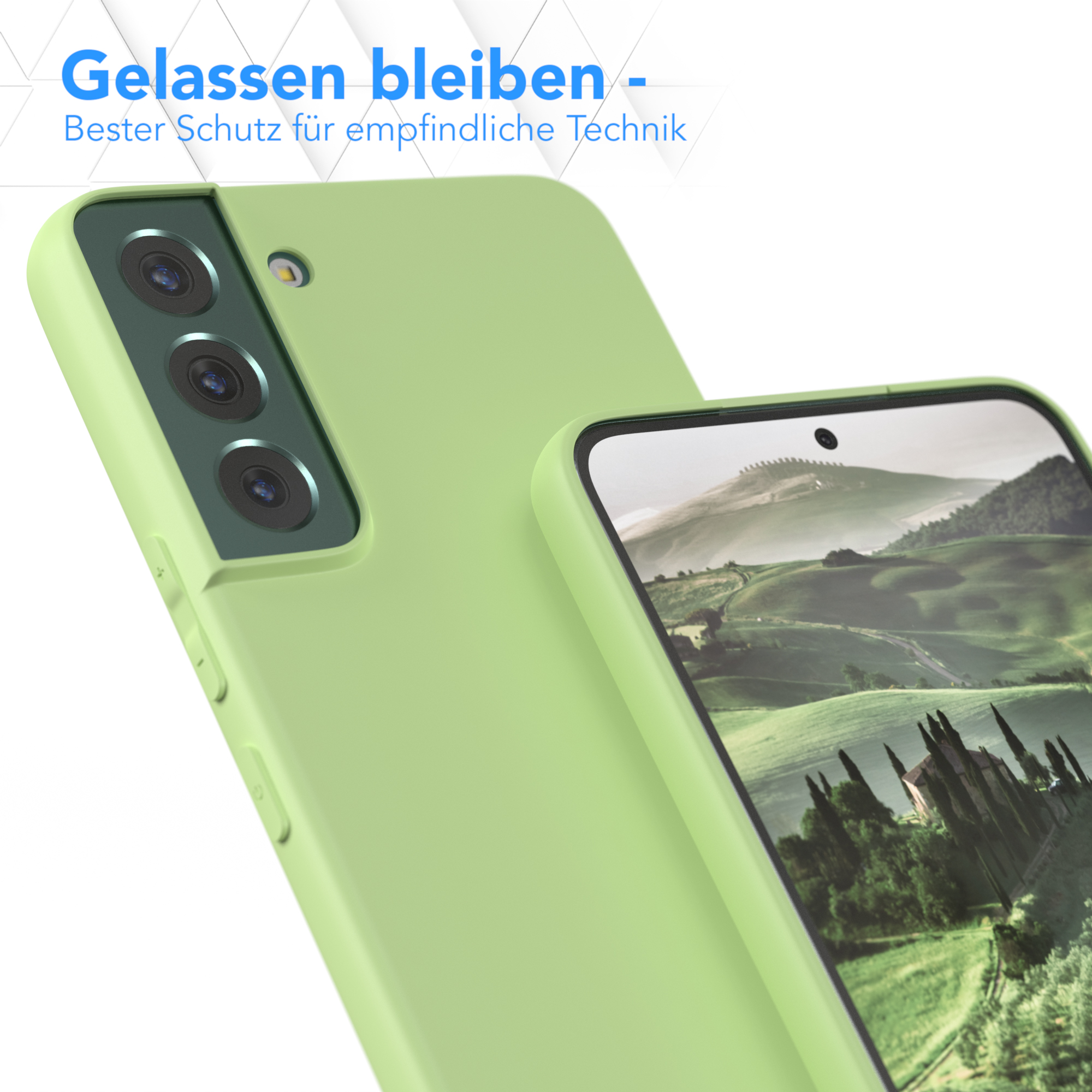 Eine Handyhülle mit grünem Farbton und einem sichtbaren Telefon. Die Hülle ist nah an einem anderen Telefon.