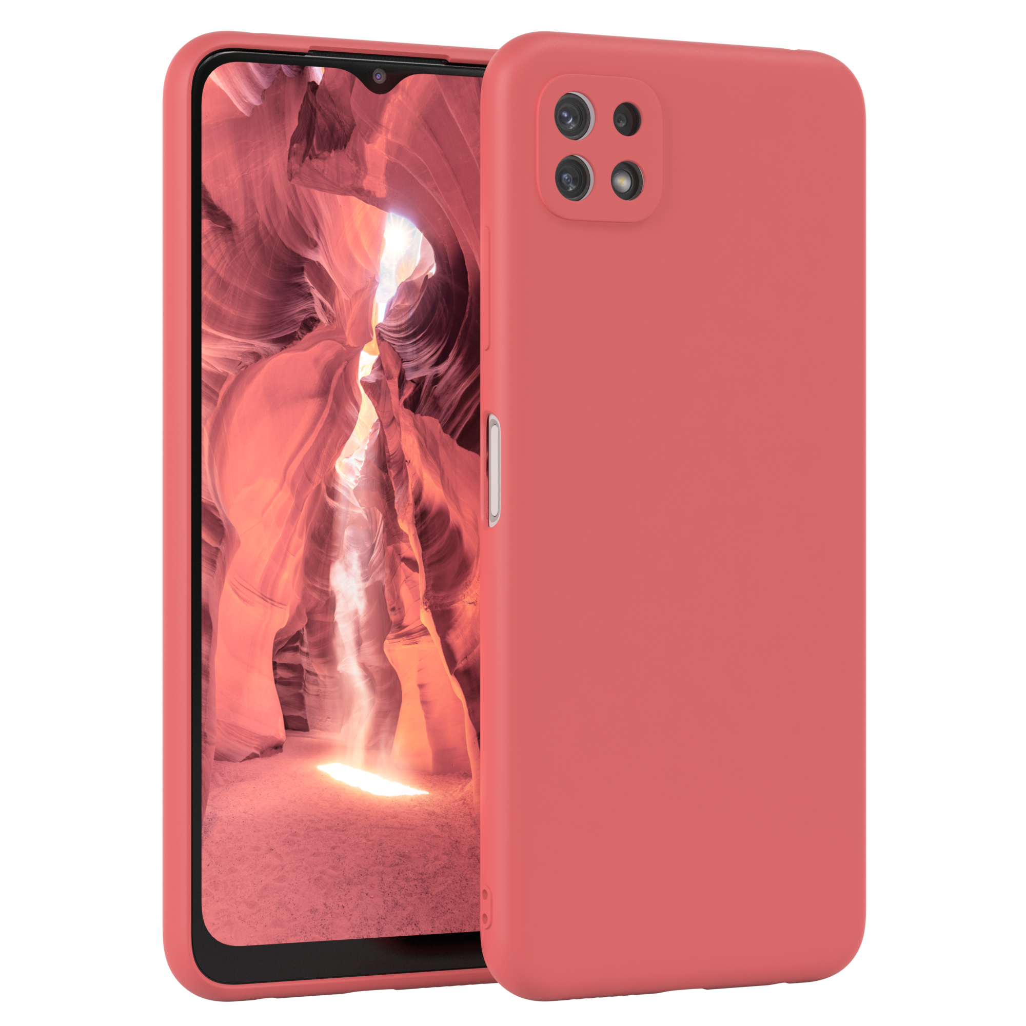 Telefon mit roter Hülle, zeigt einen orangefarbenen Canyon.