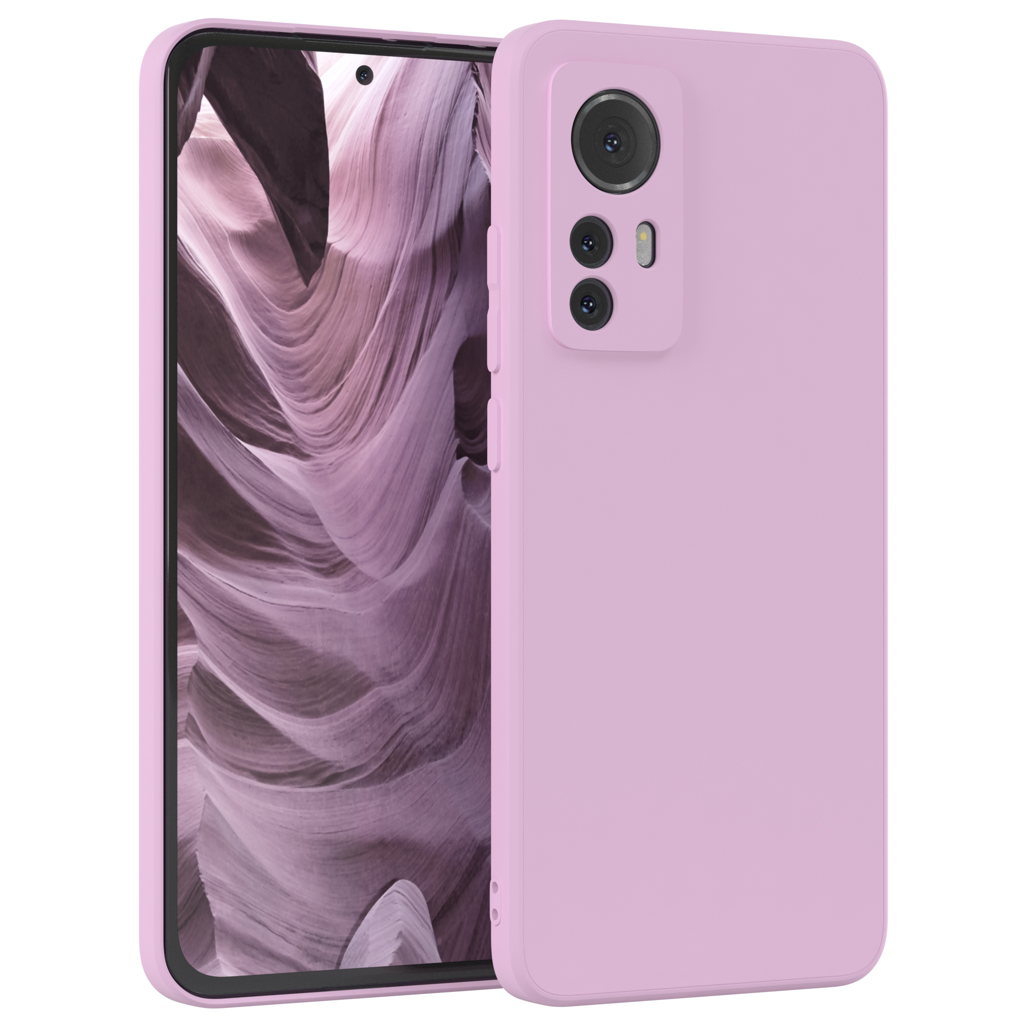 Zwei pinke Handyhüllen. Eine ist auf einem Telefon, die andere ist leer. Der Hintergrund ist eine strukturierte Wand.