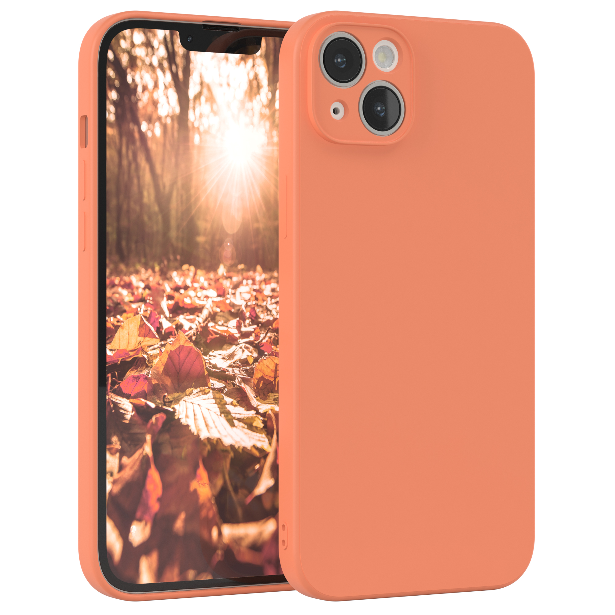 Oranges Telefon in orangefarbener Hülle, Herbstlaub im Hintergrund.