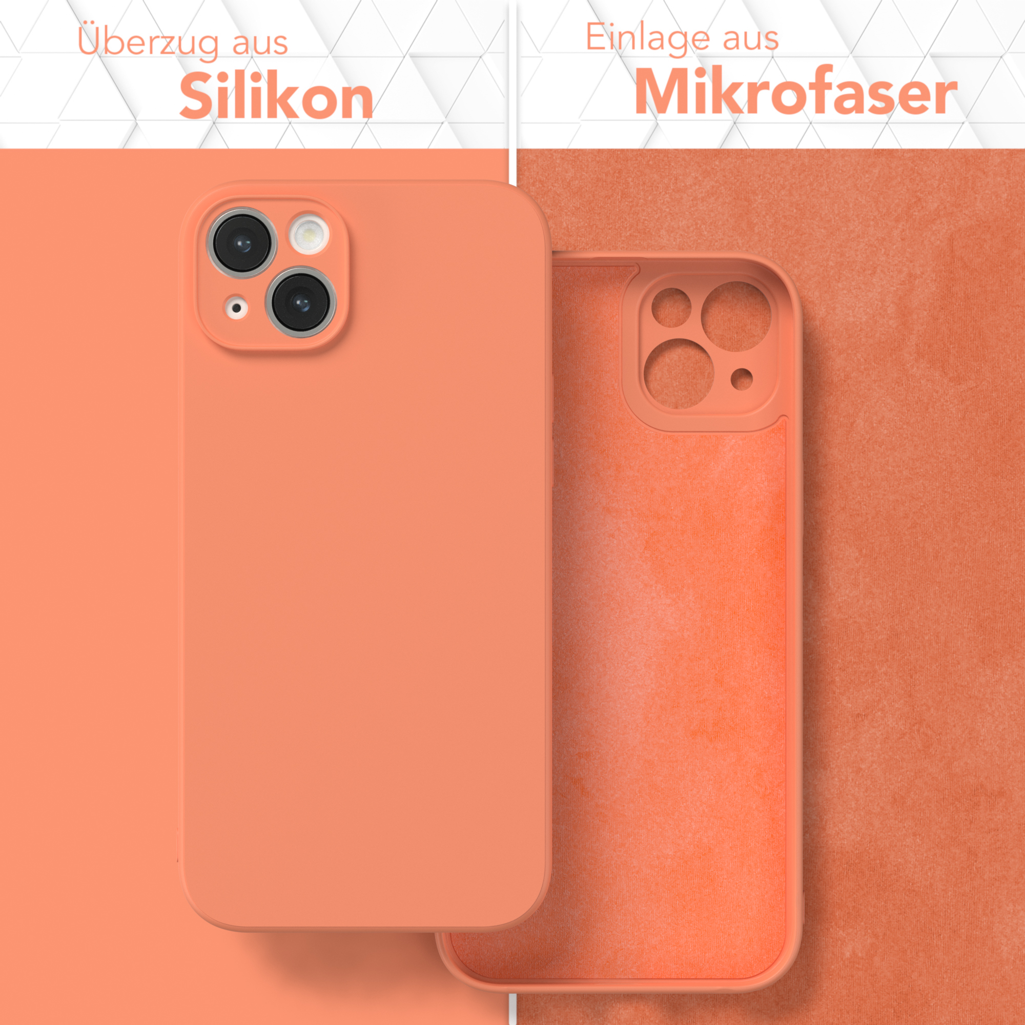 Orangene Handyhüllen, Silikonhülle und Mikrofaser innen. Text: Silikon, Mikrofaser.