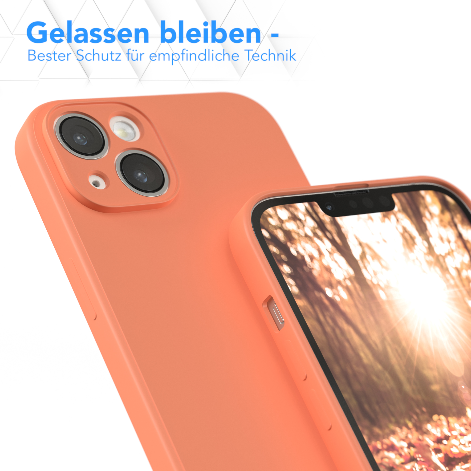 Orangefarbene Handyhülle und passendes Telefon. Text: Bleiben Sie ruhig - bester Schutz für empfindliche Technik.