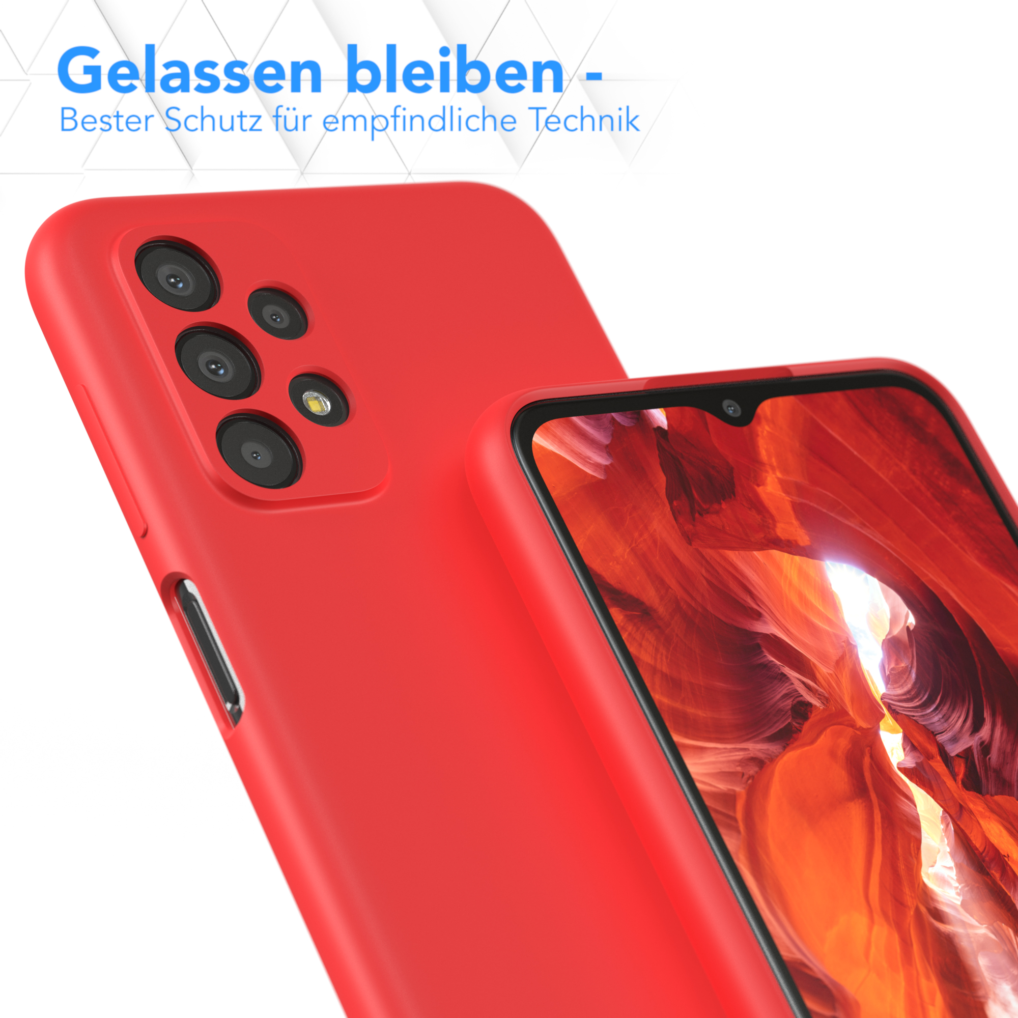 Rote Handyhülle mit Telefon. Text: „Entspannt bleiben – Bester Schutz für empfindliche Technik“.