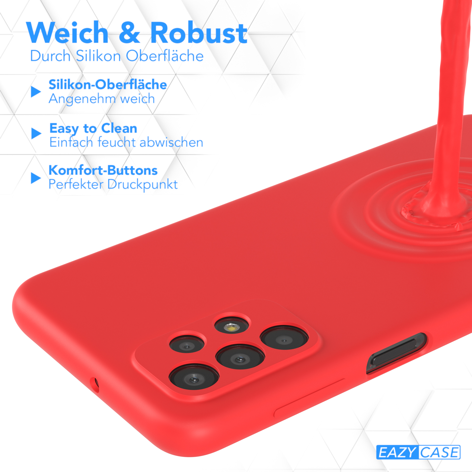 Rote Handyhülle mit Flüssigkeit. Text: Weich & Robust, Silikon-Oberfläche, Easy to Clean, Komfort-Buttons.