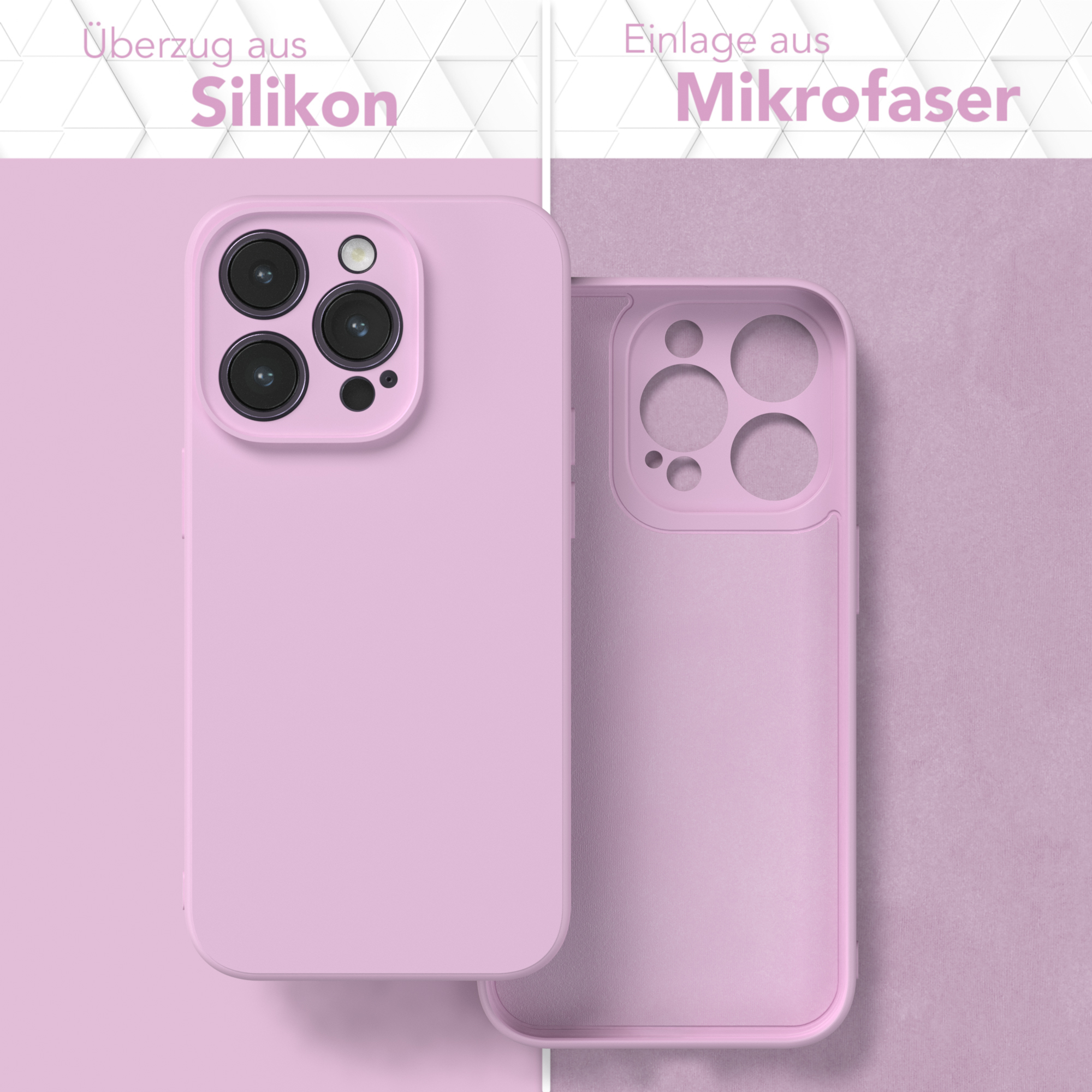 Zwei rosa Handyhüllen, eine geschlossen, eine offen. Text: Silikonhülle, Mikrofaser-Einlage.
