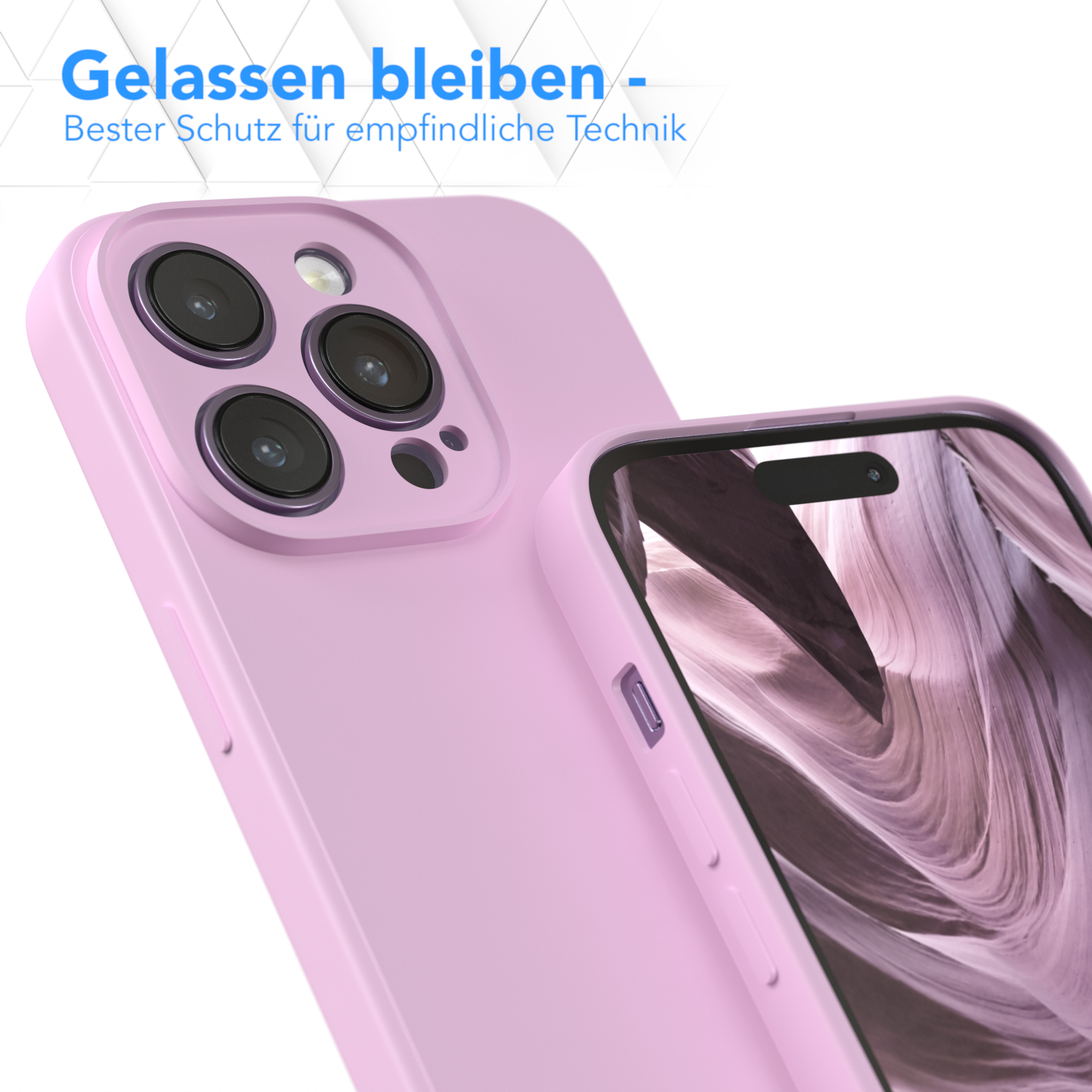 Rosa Handyhülle mit Telefon; der Bildschirm zeigt ein abstraktes lila Bild.