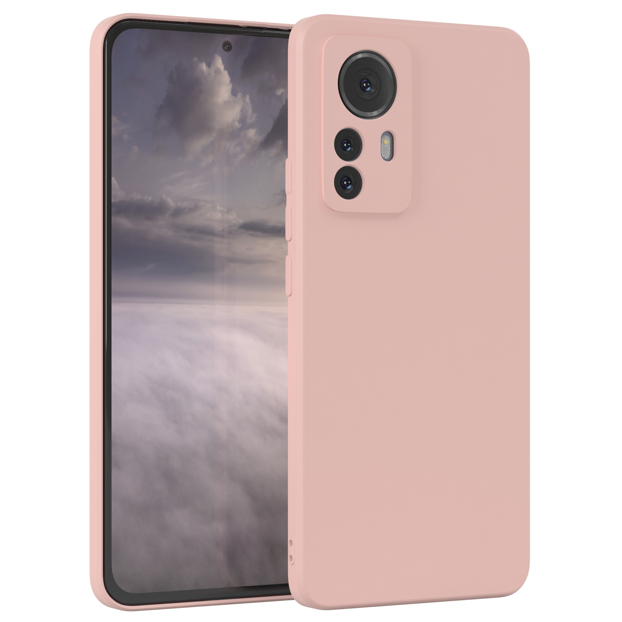 Eine rosa Handyhülle mit einem Telefon, das einen bewölkten Himmel zeigt.