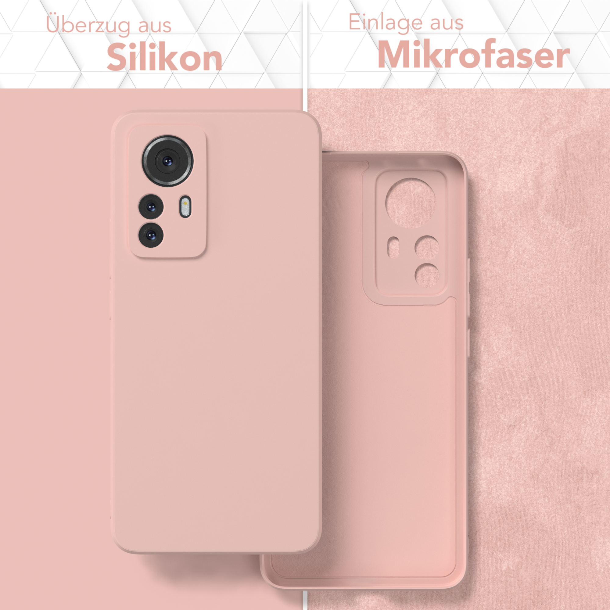 Zwei Handyhüllen, eine rosa und eine offene. Text weist auf das Material und den Einsatz hin.