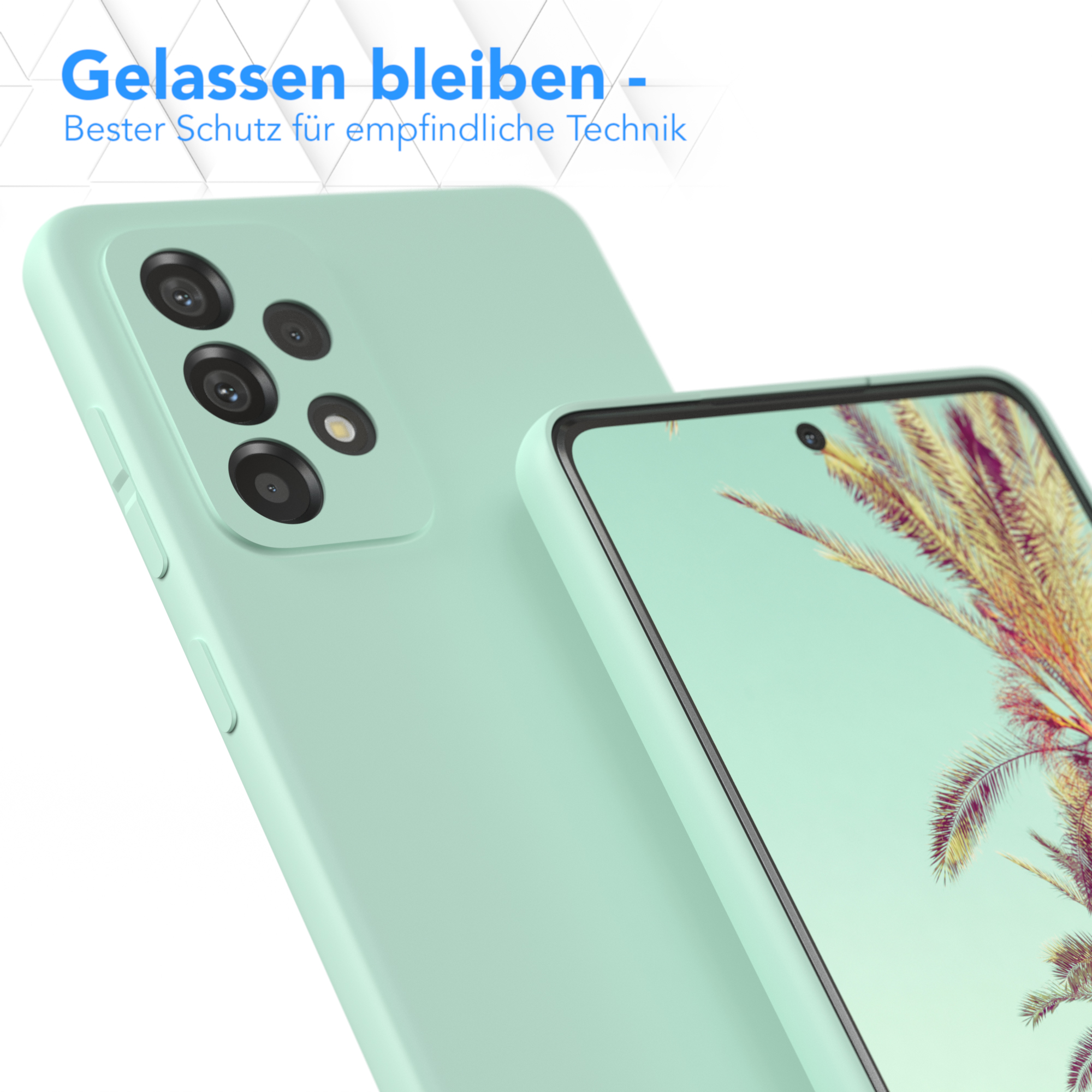 Nahaufnahme eines Telefons mit mintgrüner Hülle. Das Telefon ist nahe der Kamera.